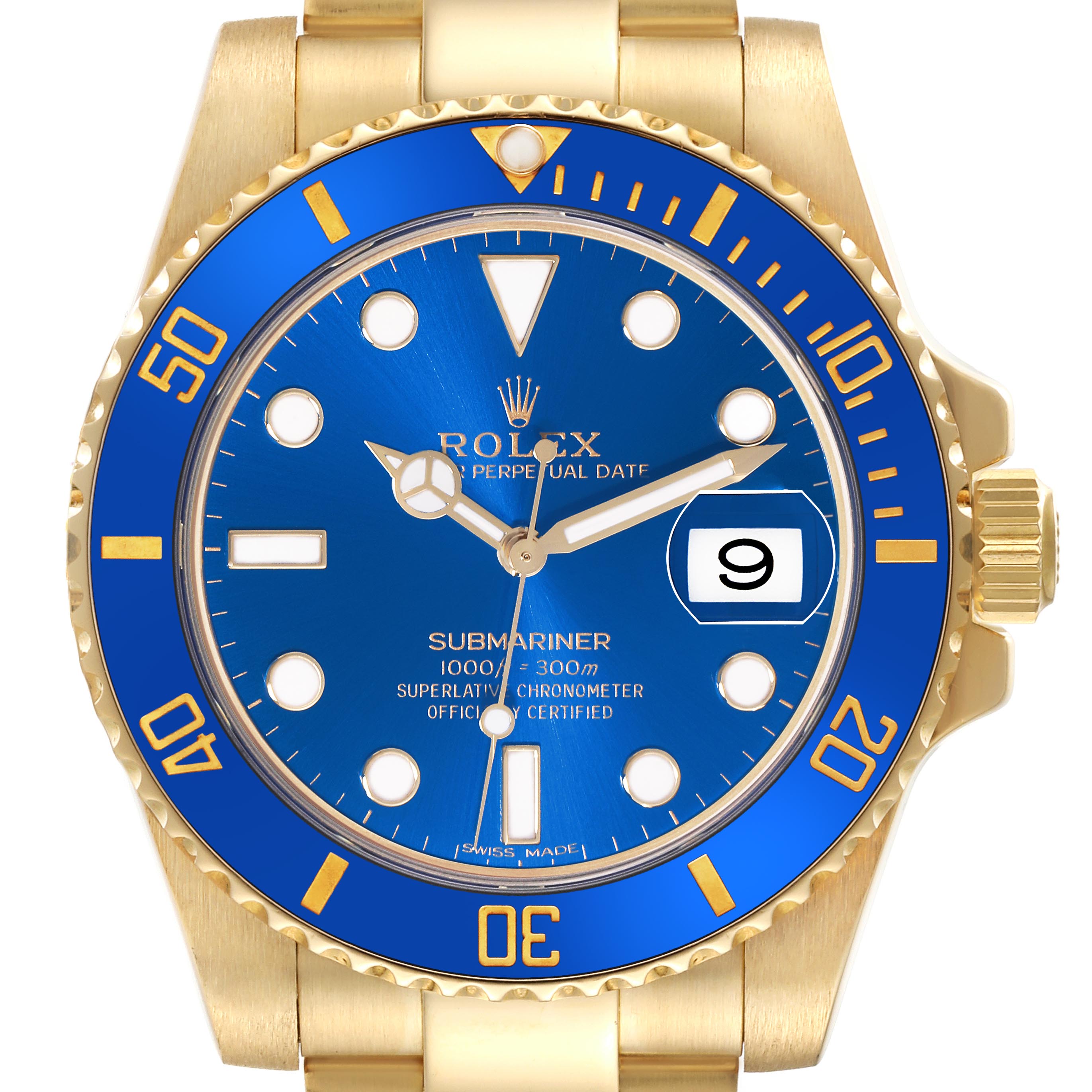 The Rolex Submariner 116618LB Men's Yellow Gold Blue Dial 116618LB Men's Yellow Gold Blue Dial watch is shown from the front, displaying the dial, bezel, and part of the bracelet.
