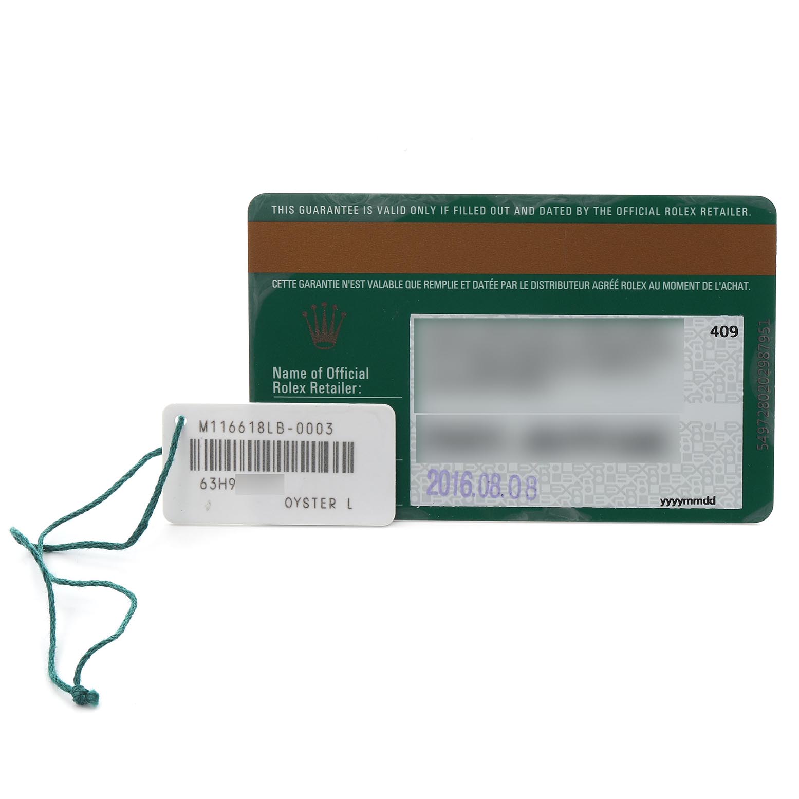 The image shows a guarantee card and a tag for a Rolex Submariner 116618LB Men's Yellow Gold Blue Dial 116618LB Men's Yellow Gold Blue Dial, featuring model details and purchase date.