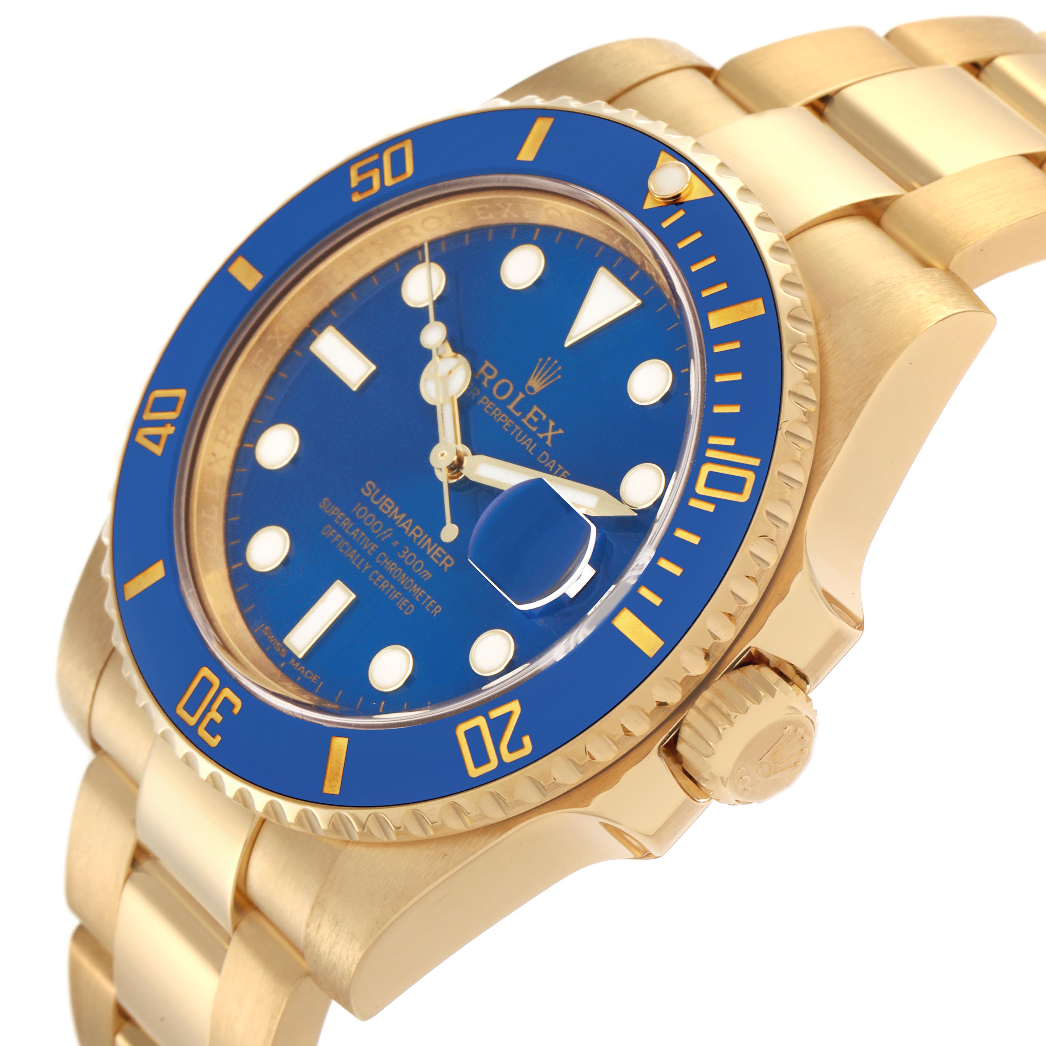 The Rolex Submariner 116618LB Men's Yellow Gold Blue Dial 116618LB Men's Yellow Gold Blue Dial watch is shown at a slight angle, displaying its blue bezel, blue dial, and gold bracelet.