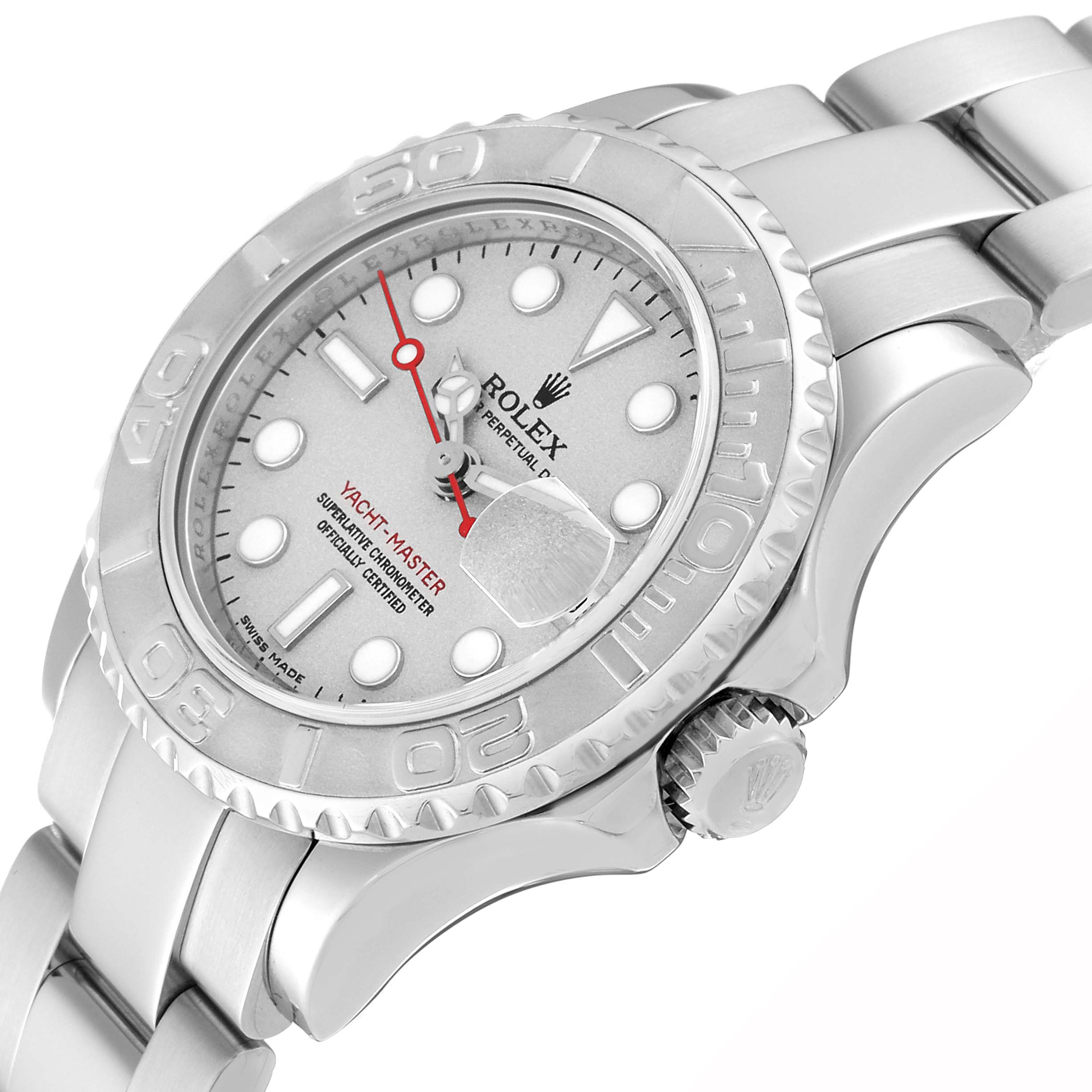 The Rolex Yacht-Master 169622 Women
s Stainless Steel Silver Dial 169622 Women
s Stainless Steel Silver Dial watch is shown at a three-quarter angle, highlighting its face, bezel, and bracelet.