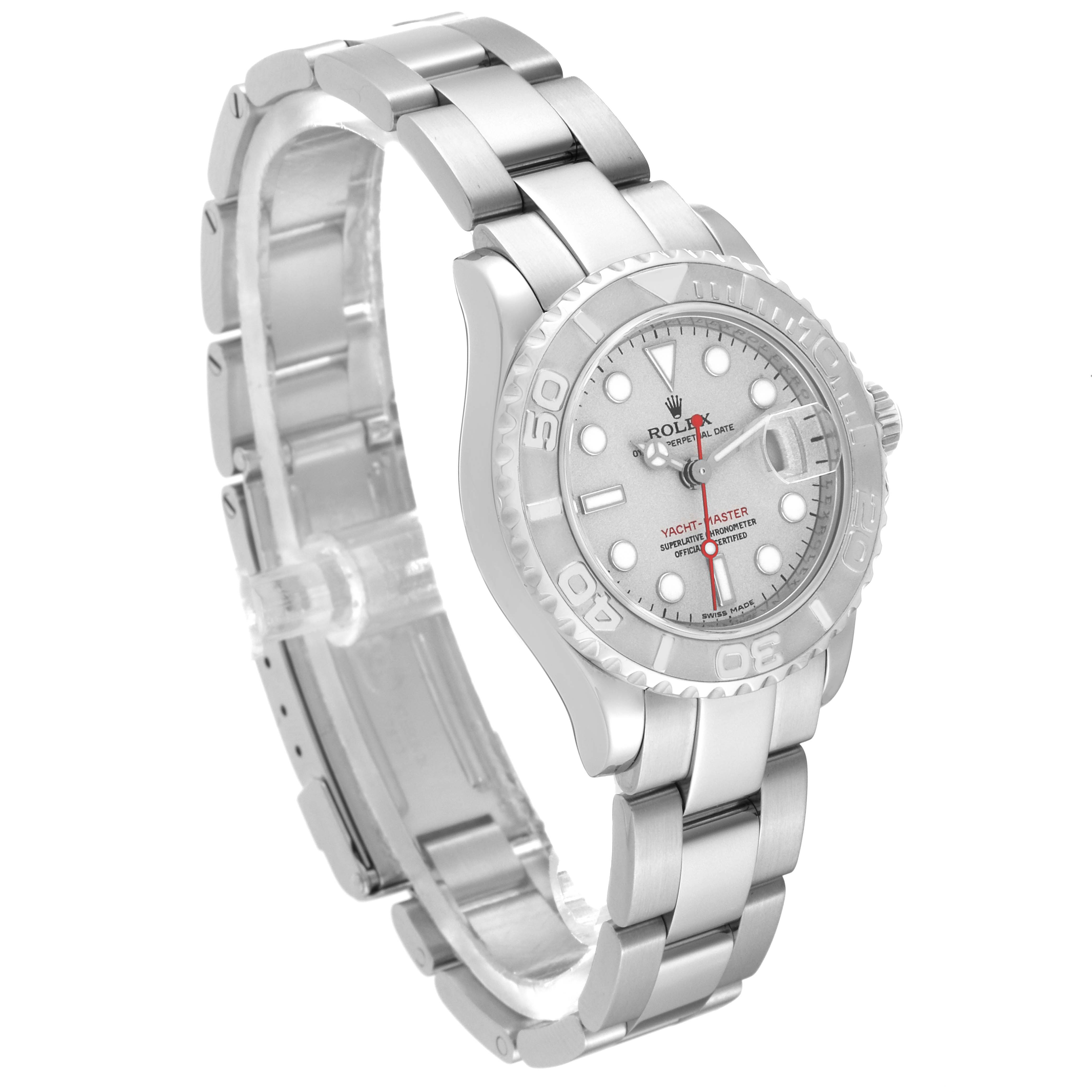 The image shows a Rolex Yacht-Master 169622 Women
s Stainless Steel Silver Dial 169622 Women
s Stainless Steel Silver Dial watch at a slight angle, highlighting the face, bezel, and metal bracelet.