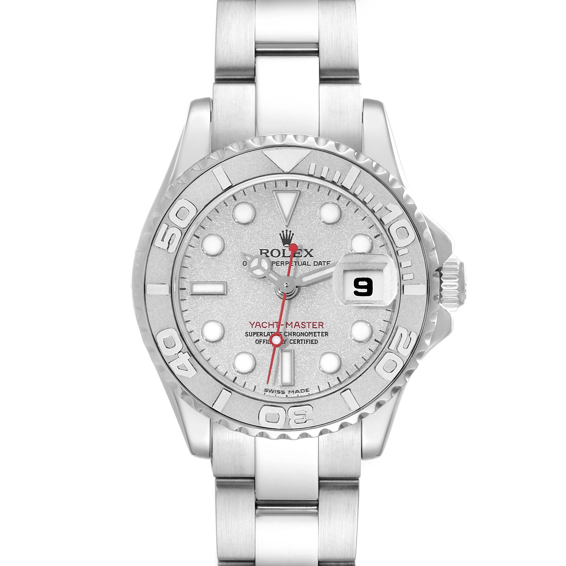 The image shows a front view of a Rolex Yacht-Master 169622 Women
s Stainless Steel Silver Dial 169622 Women
s Stainless Steel Silver Dial watch, displaying the face, bezel, and bracelet.