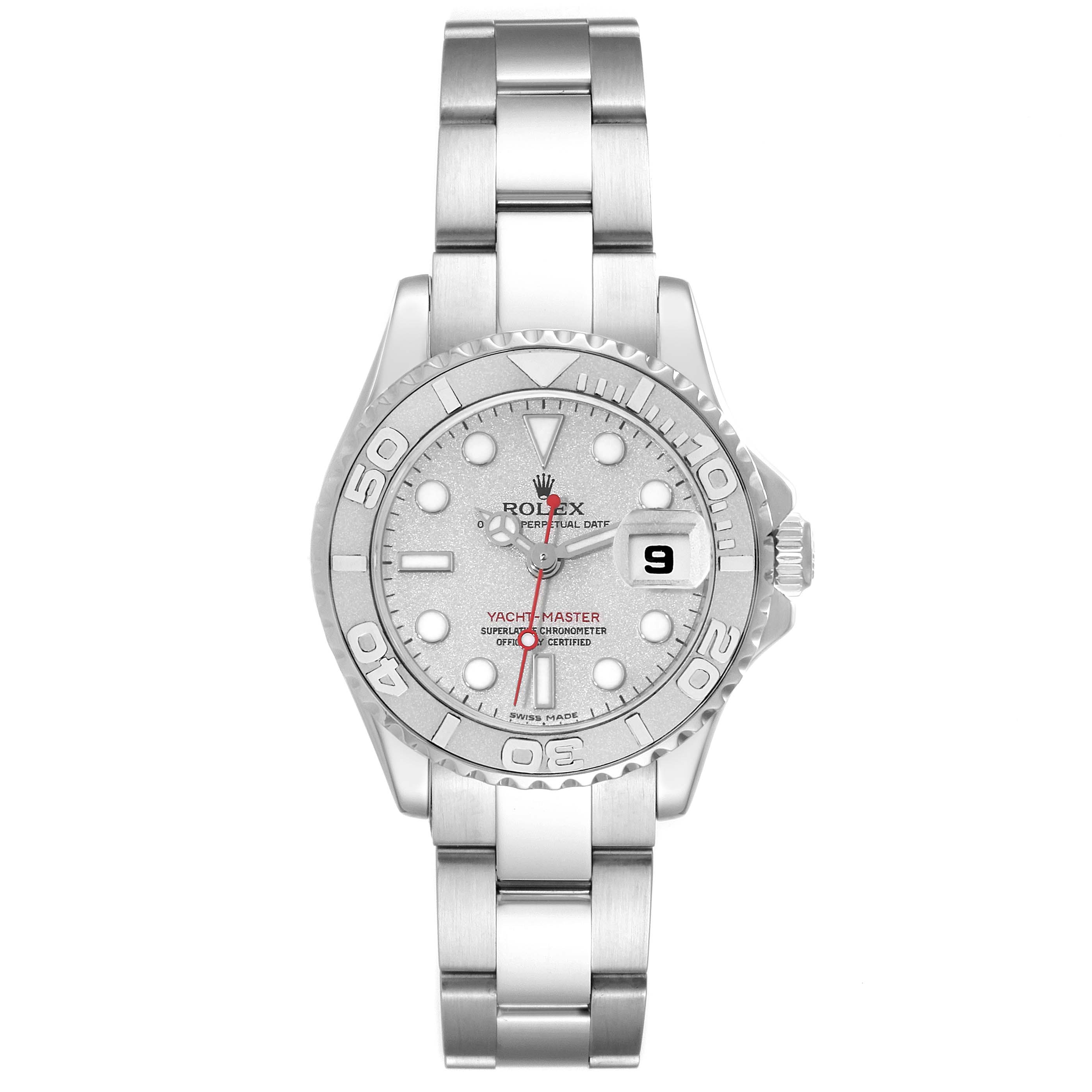 The Rolex Yacht-Master 169622 Women
s Stainless Steel Silver Dial 169622 Women
s Stainless Steel Silver Dial watch is shown from a top-down angle, displaying the face, bezel, and bracelet.