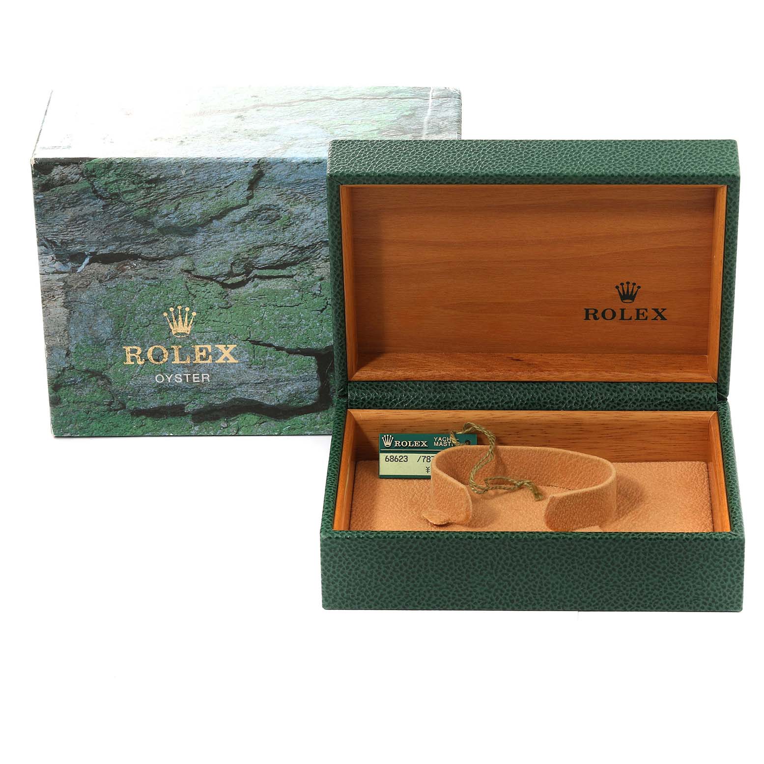 The image shows a Rolex Yacht-Master 68623 Men's Steel and Gold (two tone) Grey Dial 68623 Men's Steel and Gold (two tone) Grey Dial watch box, open at an angle revealing the interior cushion and tags.