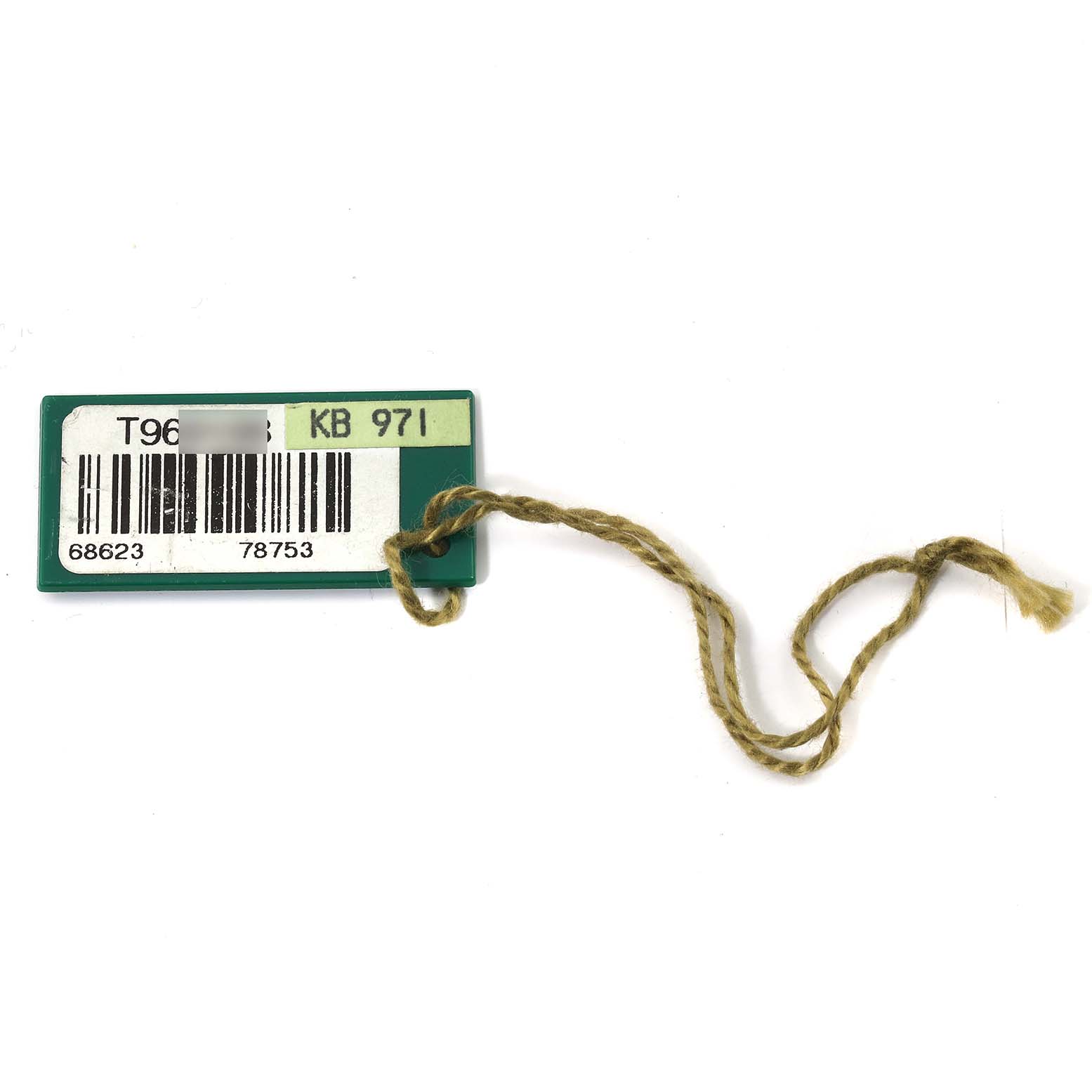 The image shows a green and white Rolex Yacht-Master 68623 Men's Steel and Gold (two tone) Grey Dial 68623 Men's Steel and Gold (two tone) Grey Dial tag with a barcode and string, viewed from the top.