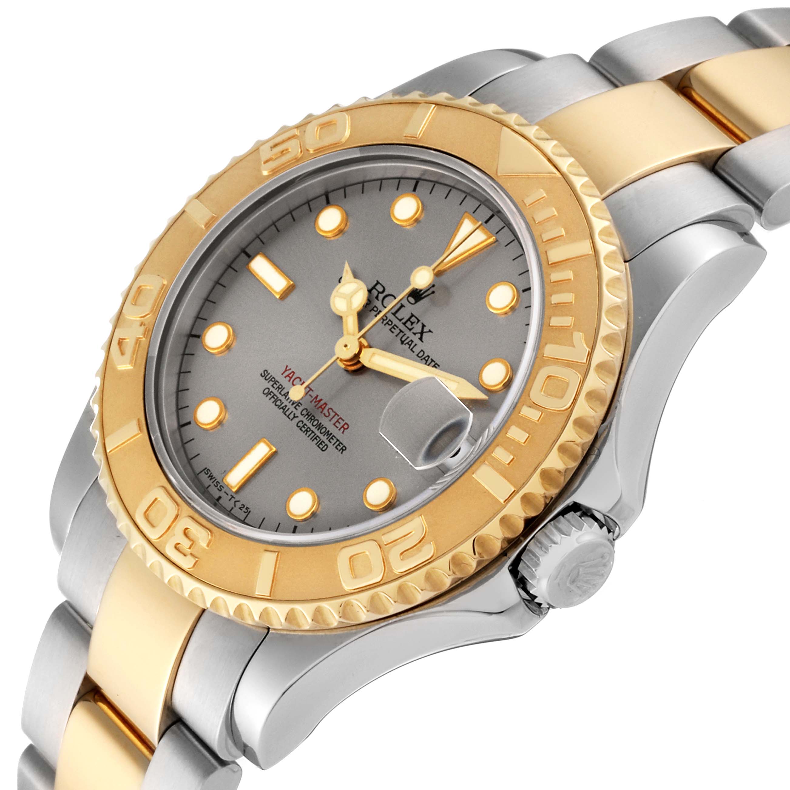 The Rolex Yacht-Master 68623 Men's Steel and Gold (two tone) Grey Dial 68623 Men's Steel and Gold (two tone) Grey Dial watch is shown at a slight angle, highlighting its face, bezel, and a portion of the bracelet.