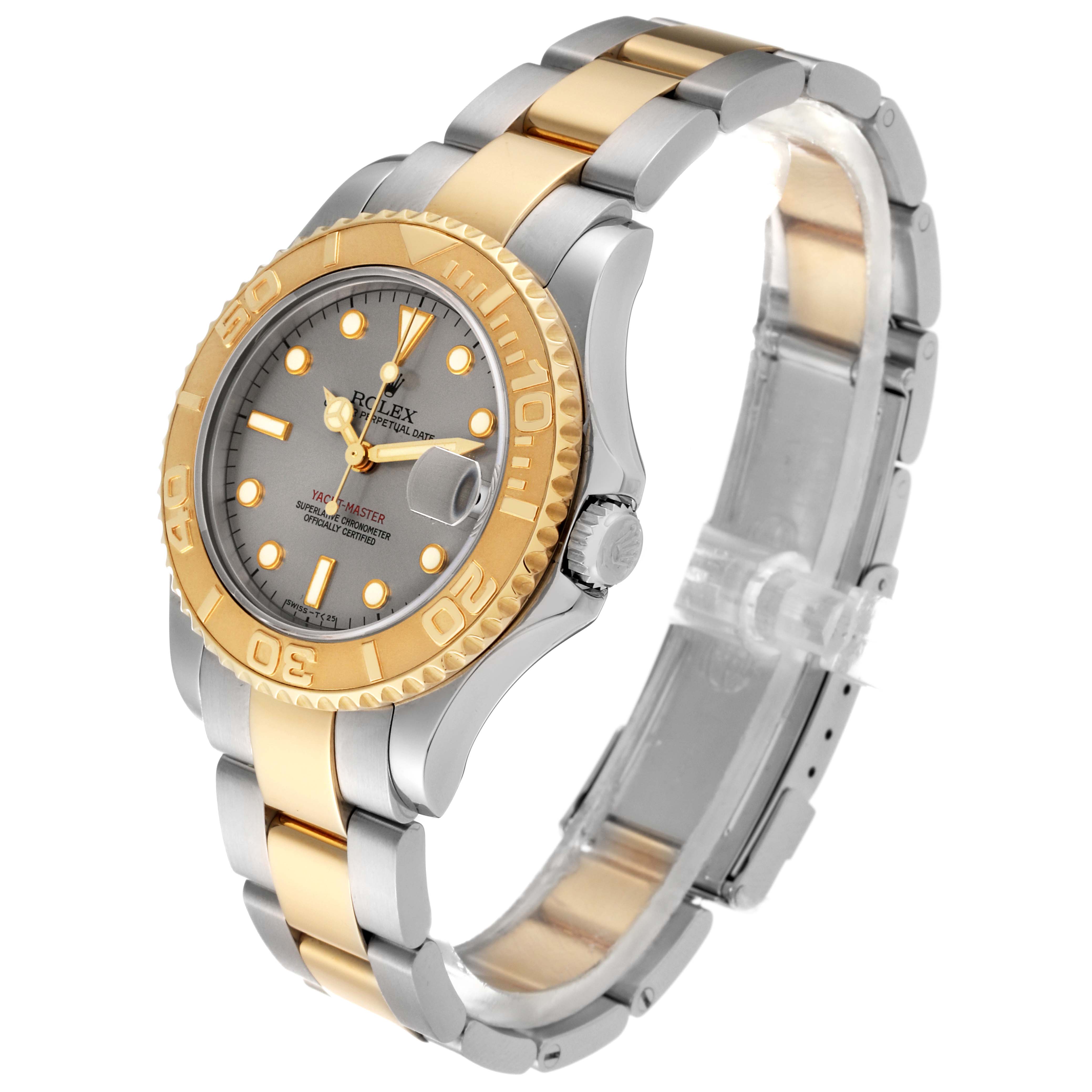 The image shows a Rolex Yacht-Master 68623 Men's Steel and Gold (two tone) Grey Dial 68623 Men's Steel and Gold (two tone) Grey Dial watch at a three-quarter angle, highlighting the gold and stainless steel bracelet and bezel.