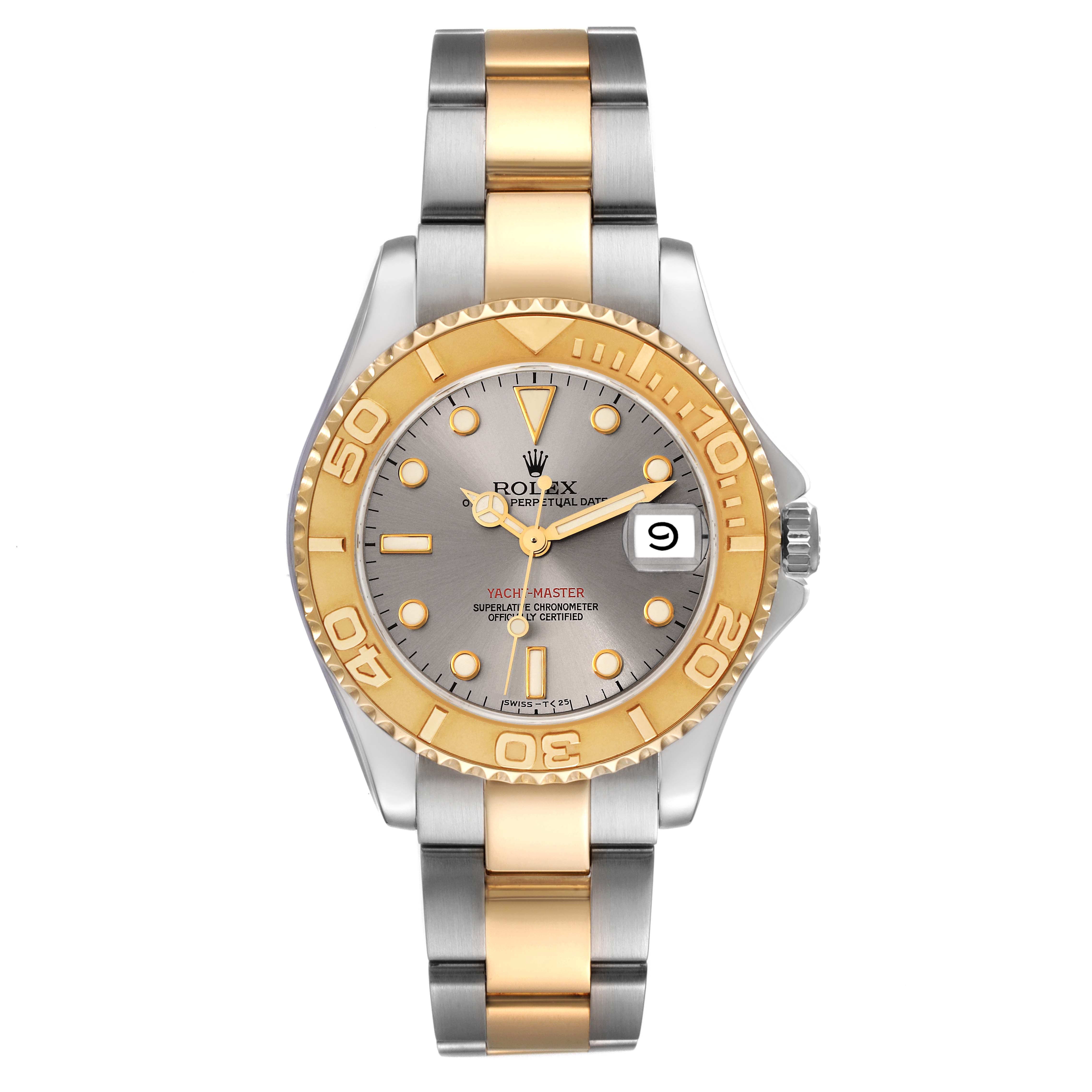 This Rolex Yacht-Master 68623 Men's Steel and Gold (two tone) Grey Dial 68623 Men's Steel and Gold (two tone) Grey Dial watch is shown from a top view displaying the dial, bezel, and two-tone bracelet.