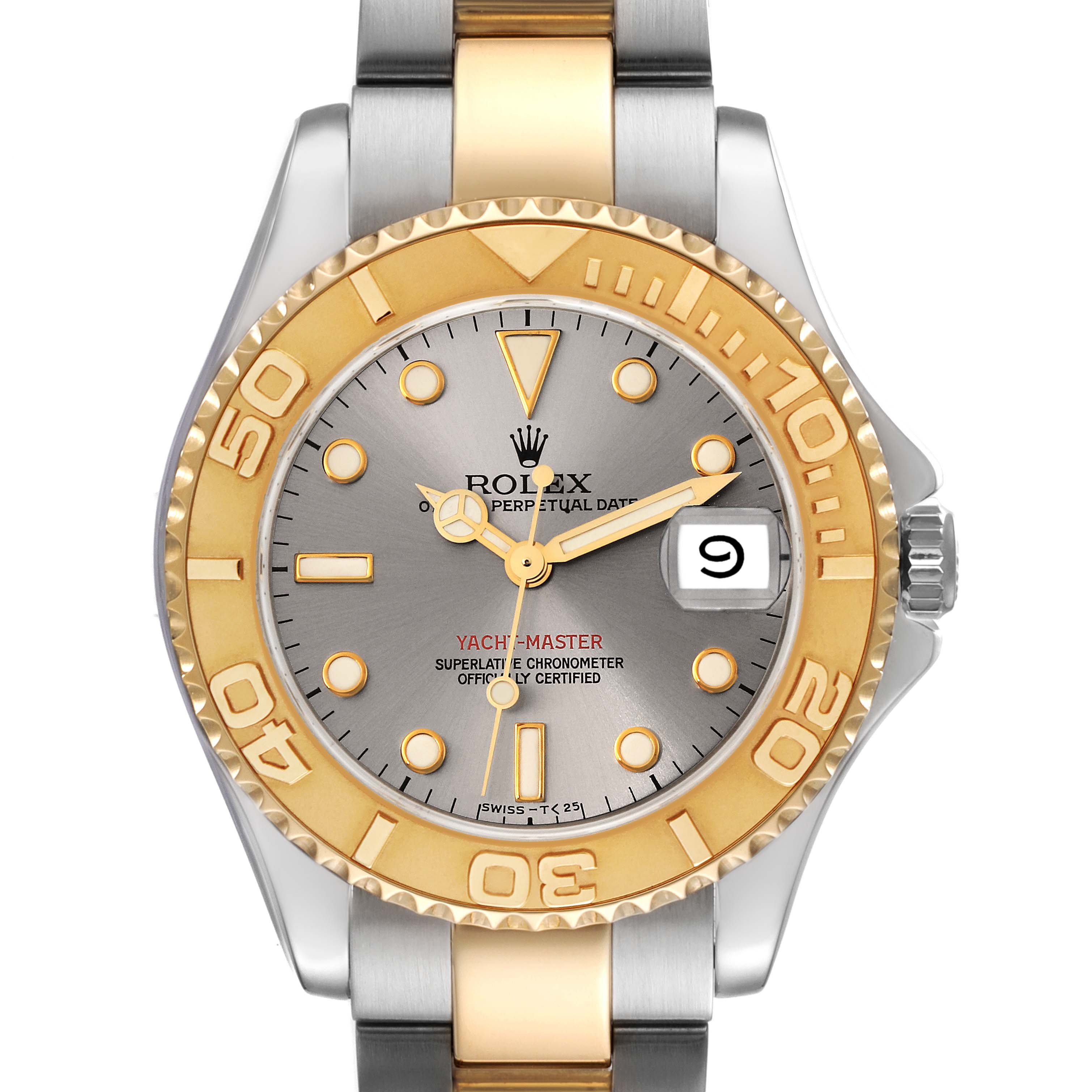This image shows a front view of the Rolex Yacht-Master 68623 Men's Steel and Gold (two tone) Grey Dial 68623 Men's Steel and Gold (two tone) Grey Dial watch, highlighting its dial, bezel, and bracelet.