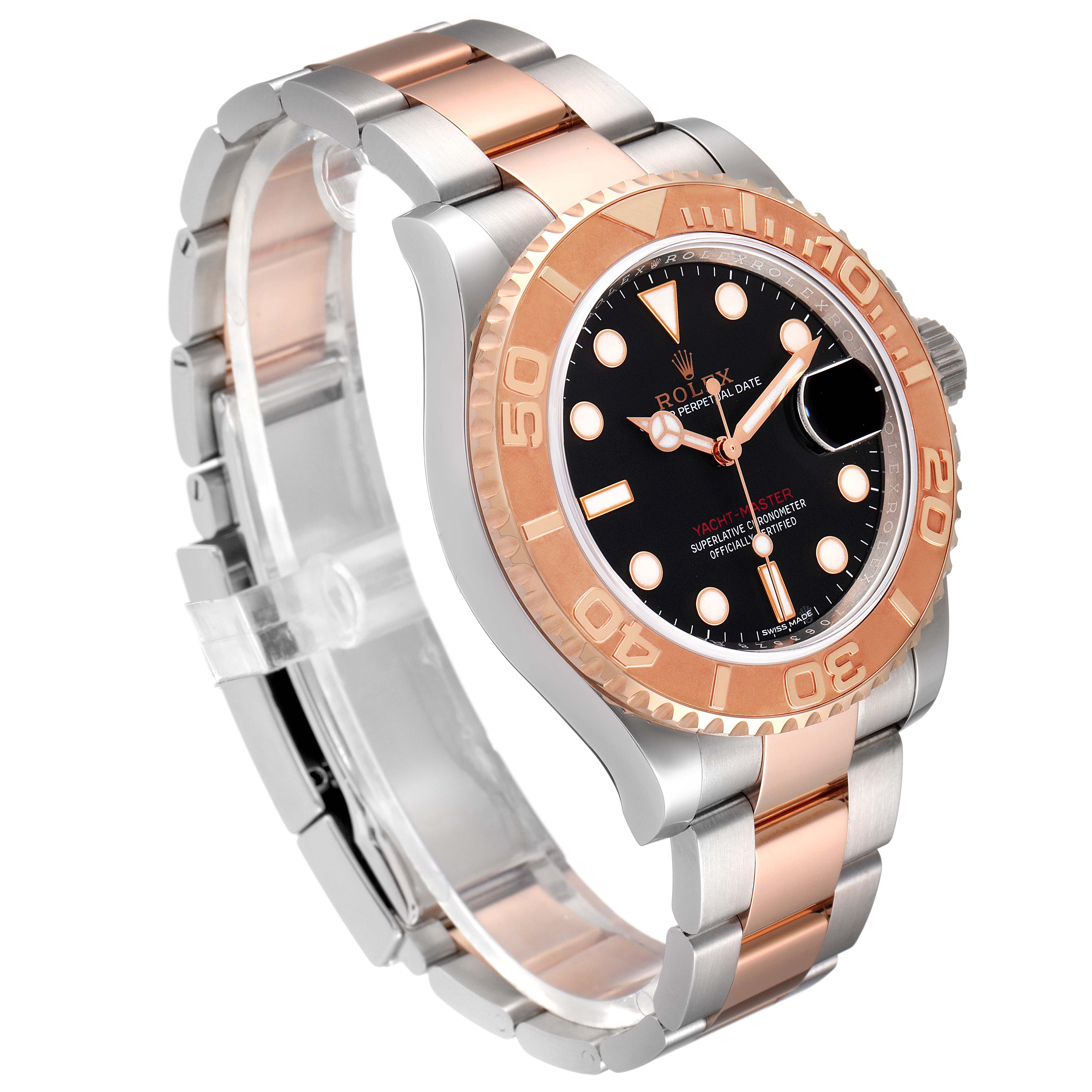 The Rolex Yacht-Master 116621 Men's Steel and Gold (two tone) Black Dial 116621 Men's Steel and Gold (two tone) Black Dial watch is shown at an angled view, displaying its bezel, dial, and two-tone bracelet.