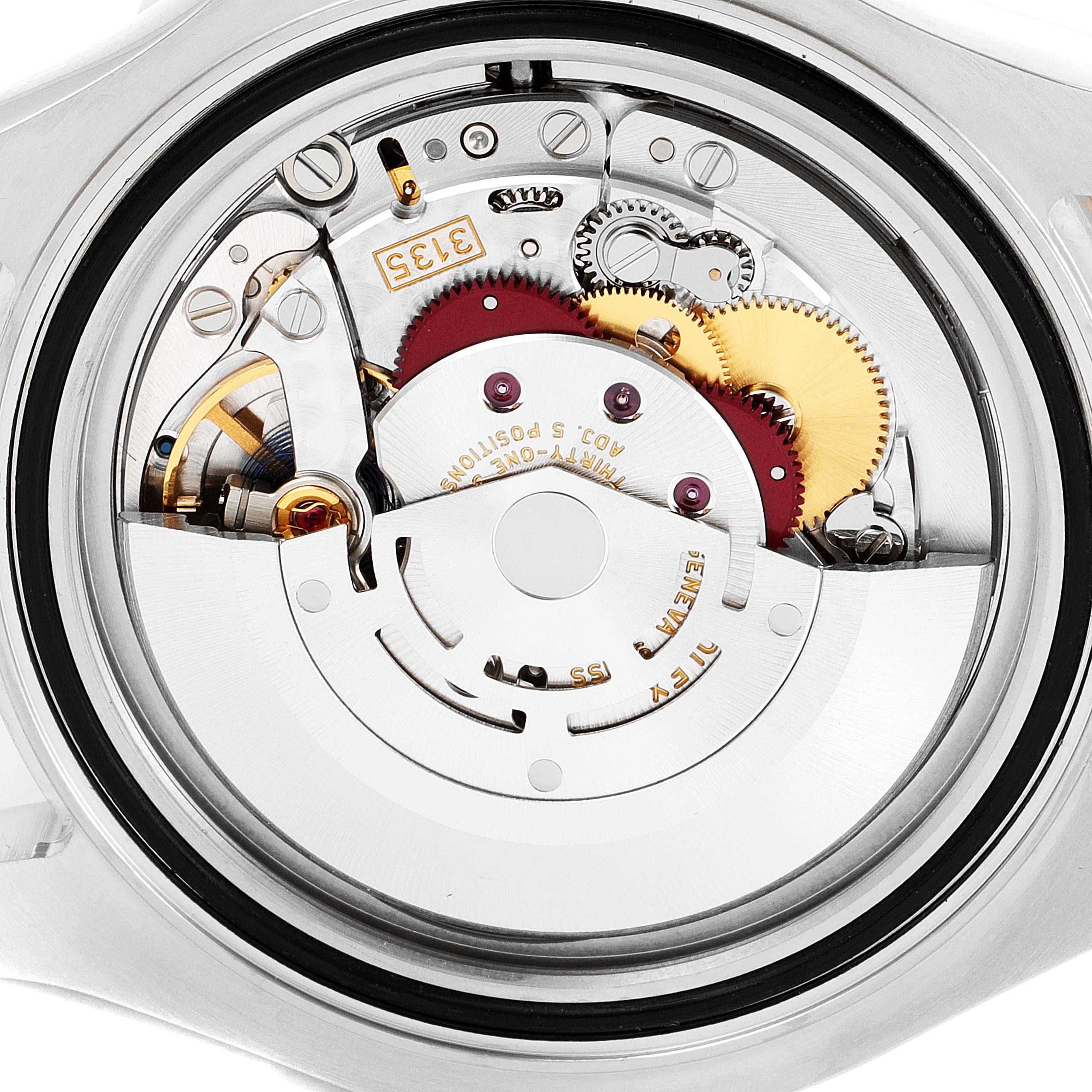 This image shows the internal mechanism of the Rolex Yacht-Master 116621 Men's Steel and Gold (two tone) Black Dial 116621 Men's Steel and Gold (two tone) Black Dial watch from a back angle, highlighting gears and components.