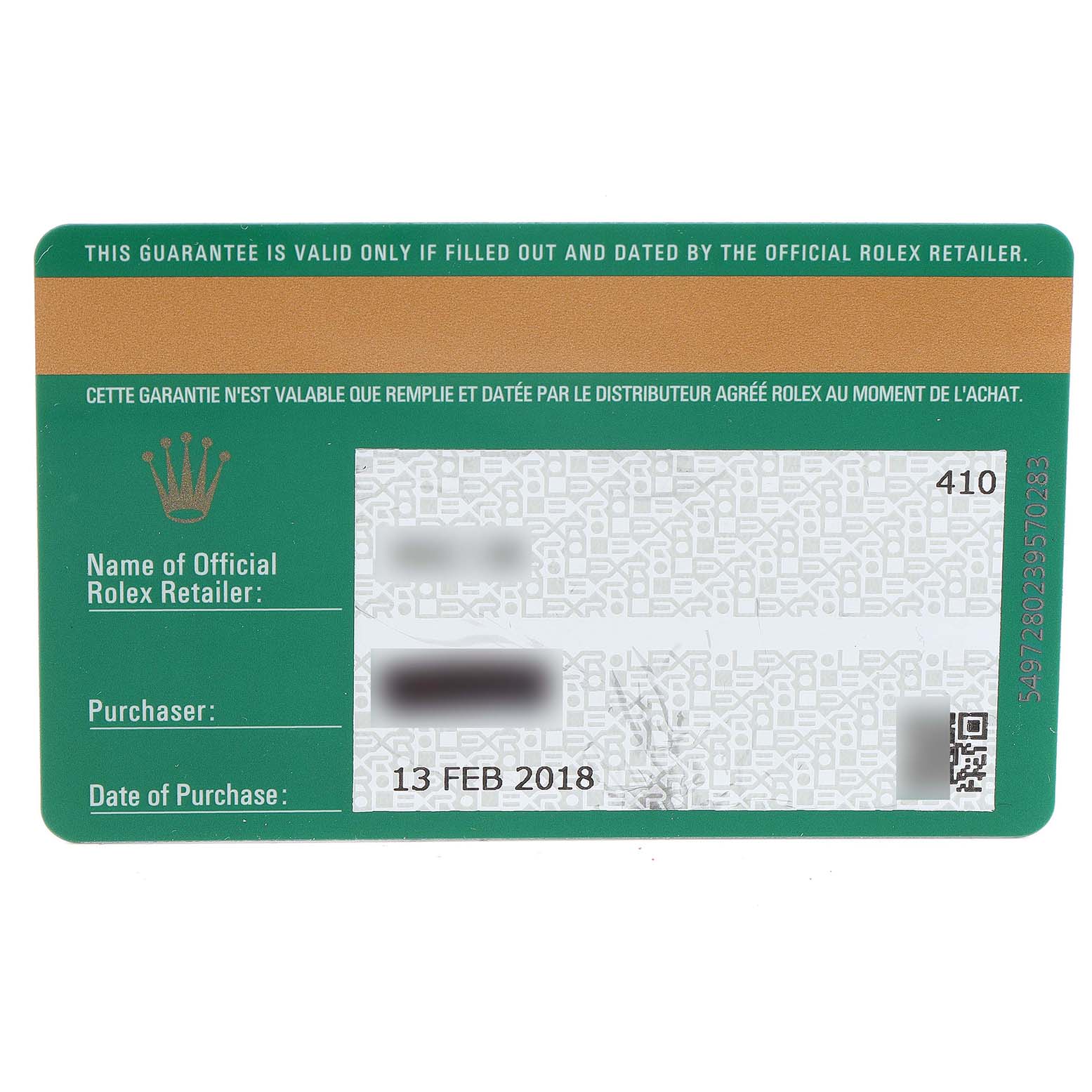 This image shows the guarantee card for the Rolex Yacht-Master 116621 Men's Steel and Gold (two tone) Black Dial 116621 Men's Steel and Gold (two tone) Black Dial watch, including date of purchase and retailer details.