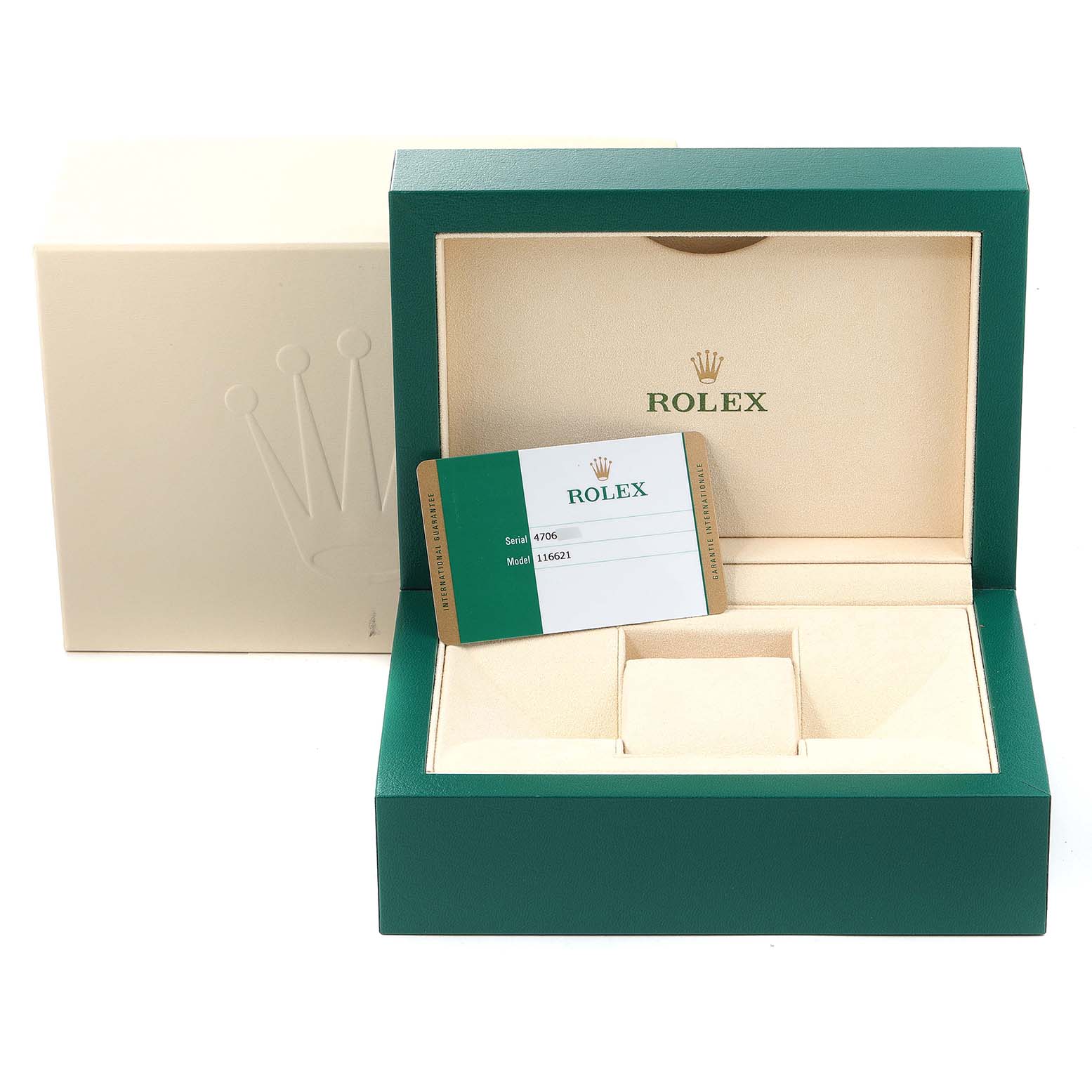 The image shows the open box and warranty card of a Rolex Yacht-Master 116621 Men's Steel and Gold (two tone) Black Dial 116621 Men's Steel and Gold (two tone) Black Dial watch.