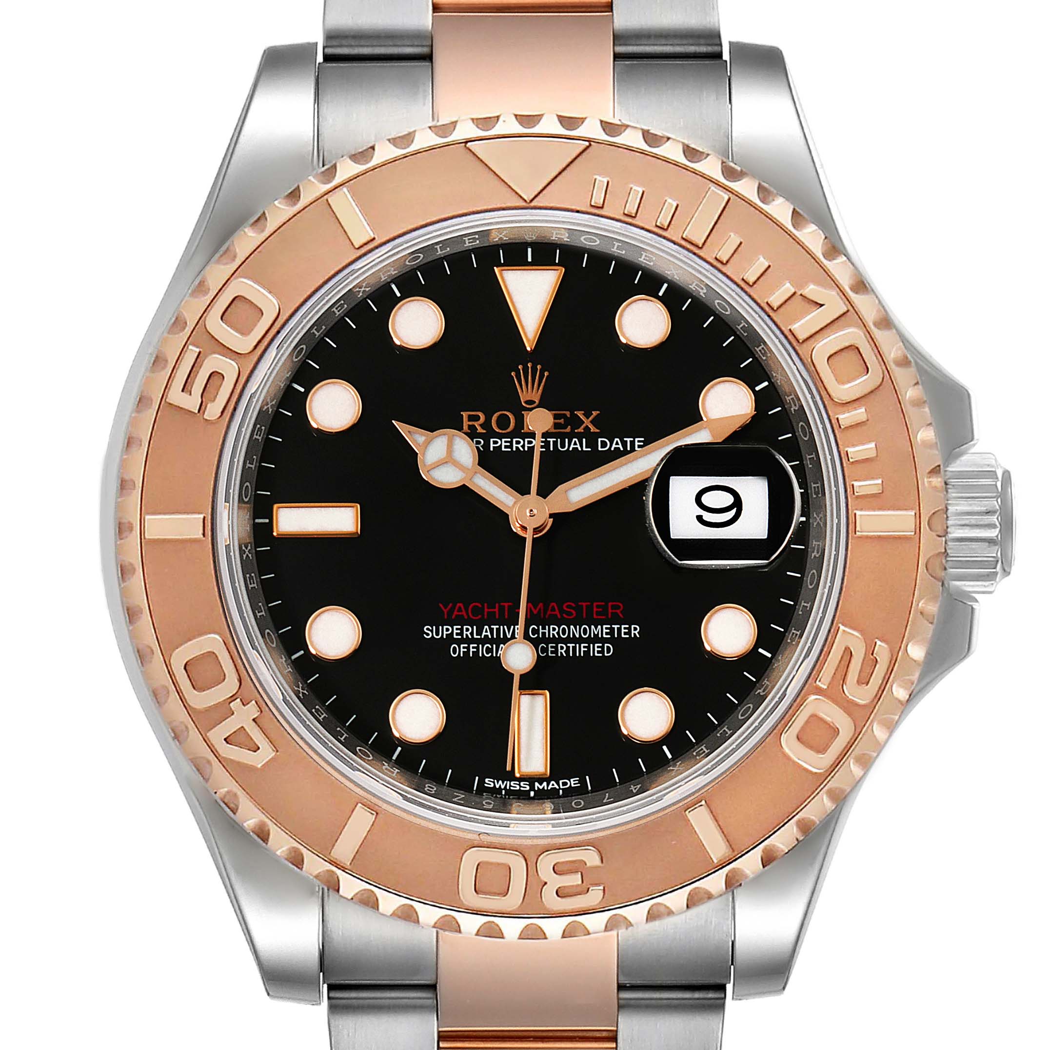Front view of a Rolex Yacht-Master 116621 Men's Steel and Gold (two tone) Black Dial 116621 Men's Steel and Gold (two tone) Black Dial watch showing the dial, bezel, crown, and part of the bracelet.