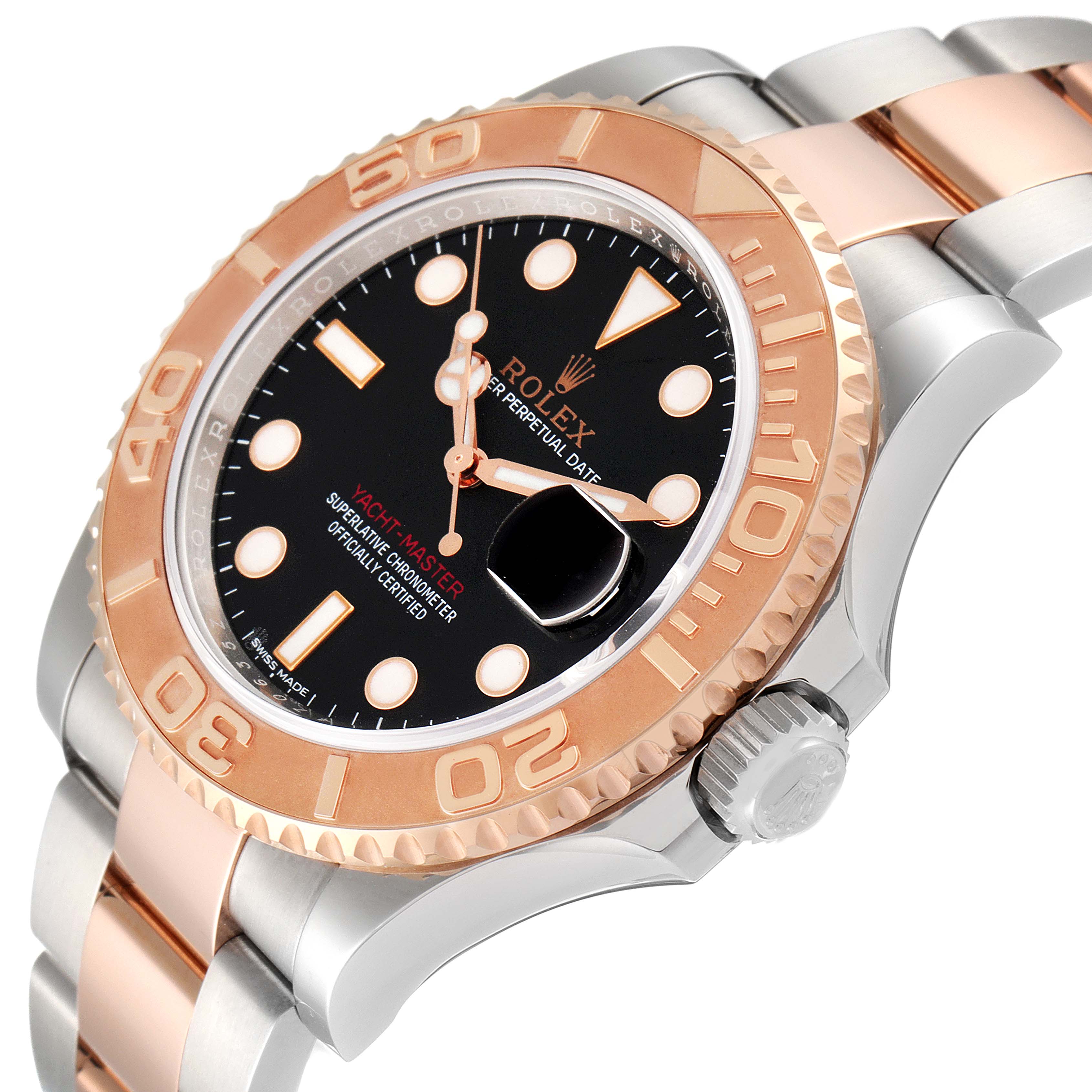 This image shows a Rolex Yacht-Master 116621 Men's Steel and Gold (two tone) Black Dial 116621 Men's Steel and Gold (two tone) Black Dial watch at a three-quarter angle, highlighting the bezel, crown, and metallic bracelet.