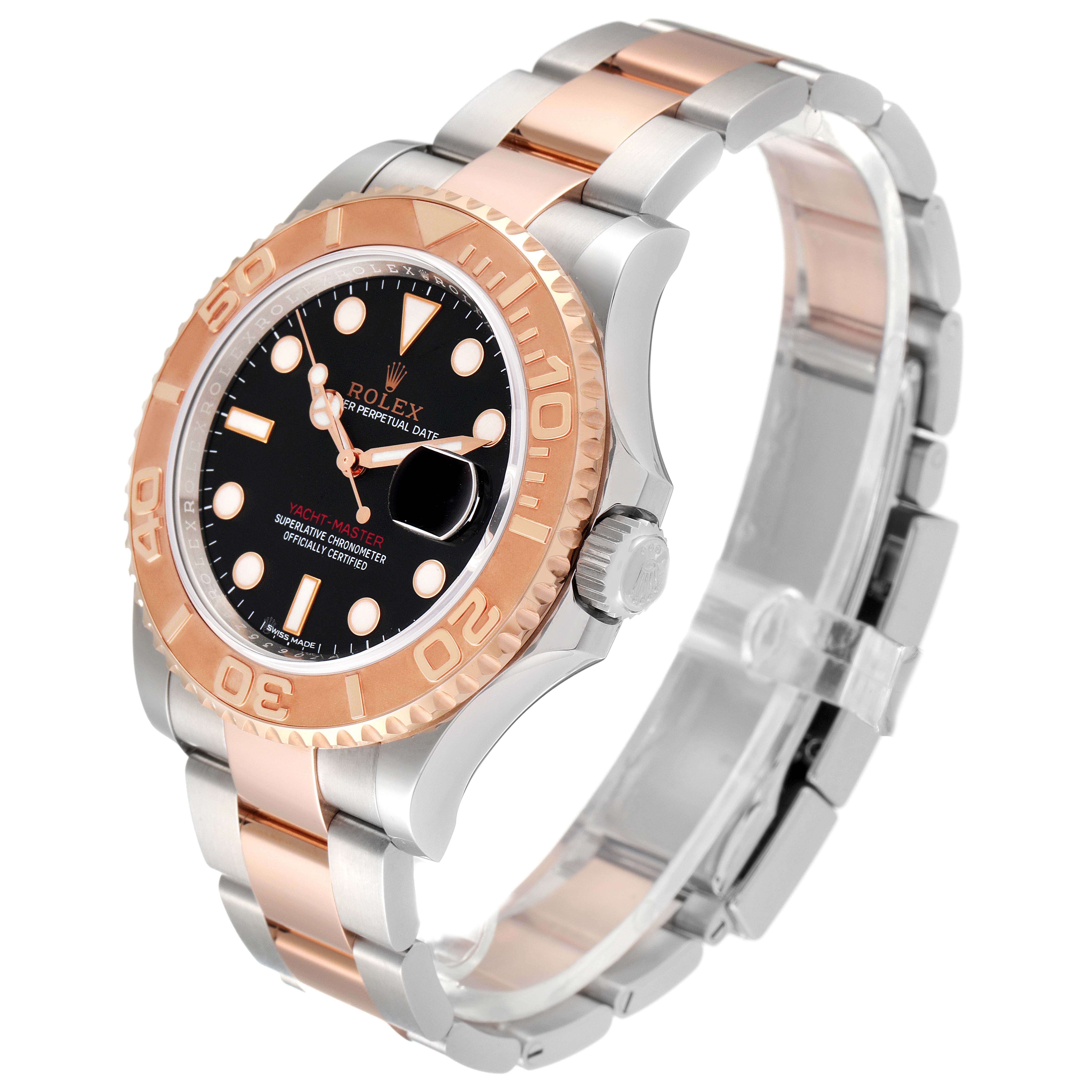 This Rolex Yacht-Master 116621 Men's Steel and Gold (two tone) Black Dial 116621 Men's Steel and Gold (two tone) Black Dial watch is shown at a three-quarter angle, highlighting its bi-metal bracelet and rose gold bezel.