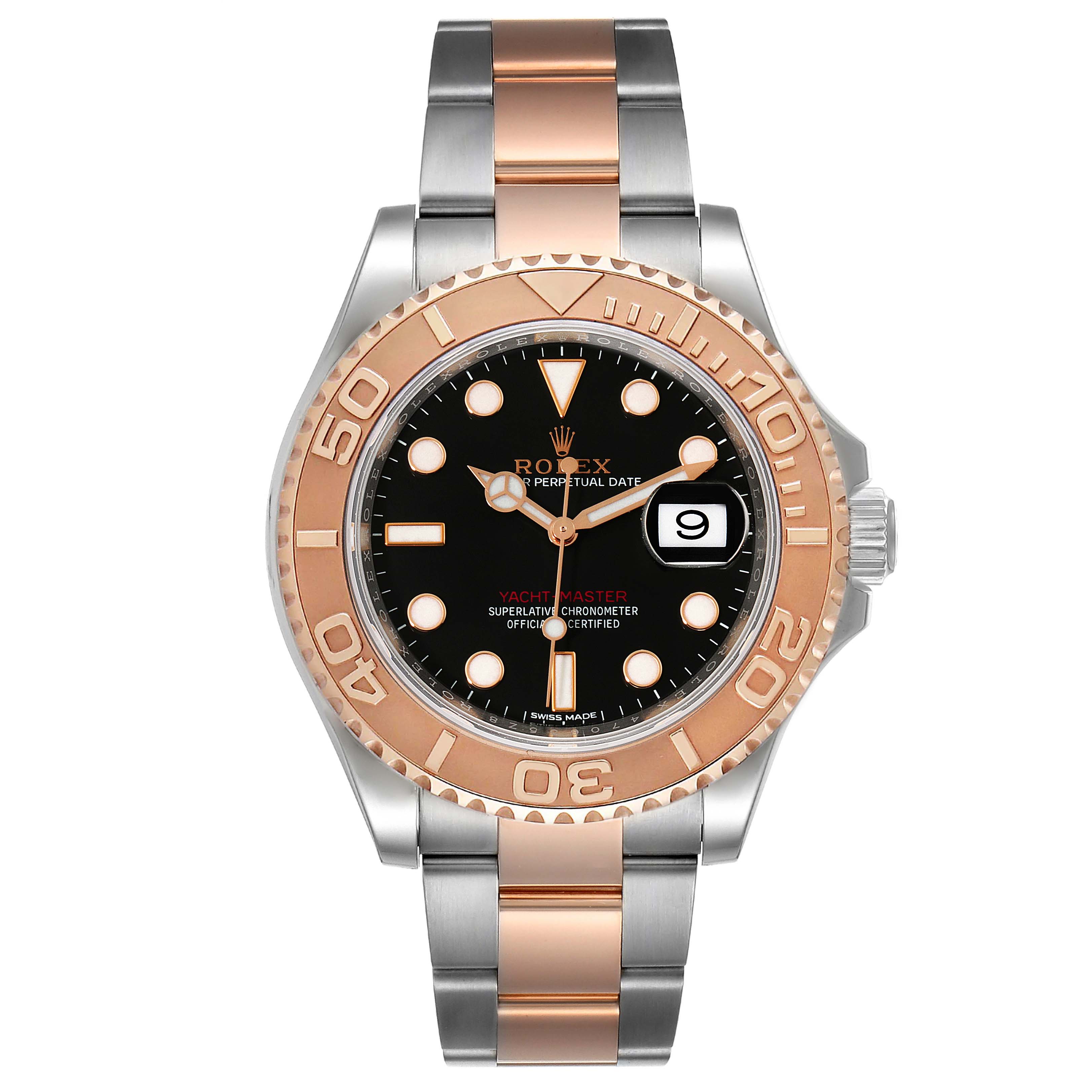 The image shows a front view of the Rolex Yacht-Master 116621 Men's Steel and Gold (two tone) Black Dial 116621 Men's Steel and Gold (two tone) Black Dial watch, highlighting its dial, bezel, and two-tone bracelet.