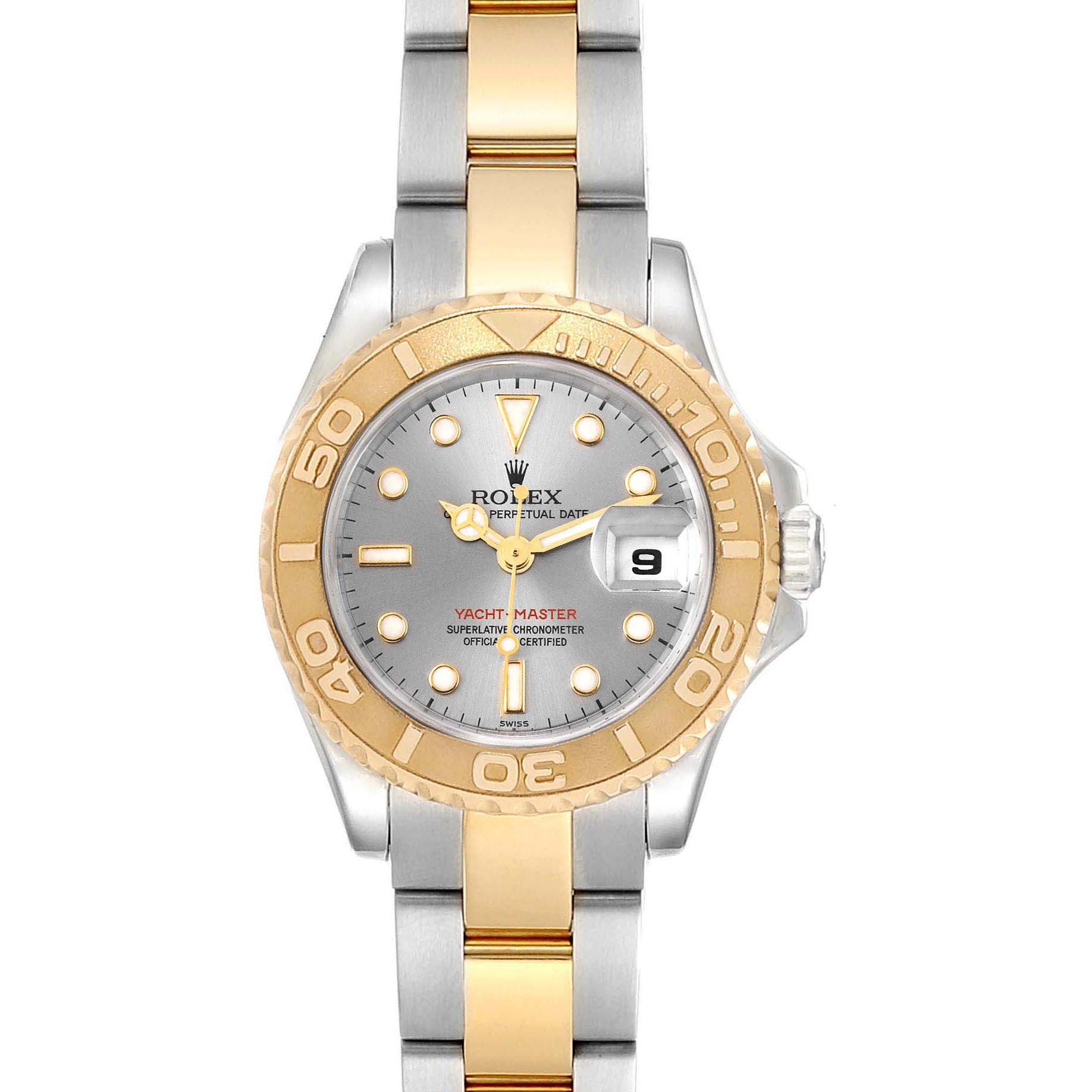 This image shows a frontal view of a Rolex Yacht-Master 169623 Women's Steel and Gold (two tone) Grey Dial 169623 Women's Steel and Gold (two tone) Grey Dial watch, displaying its bezel, dial, hands, and bracelet.