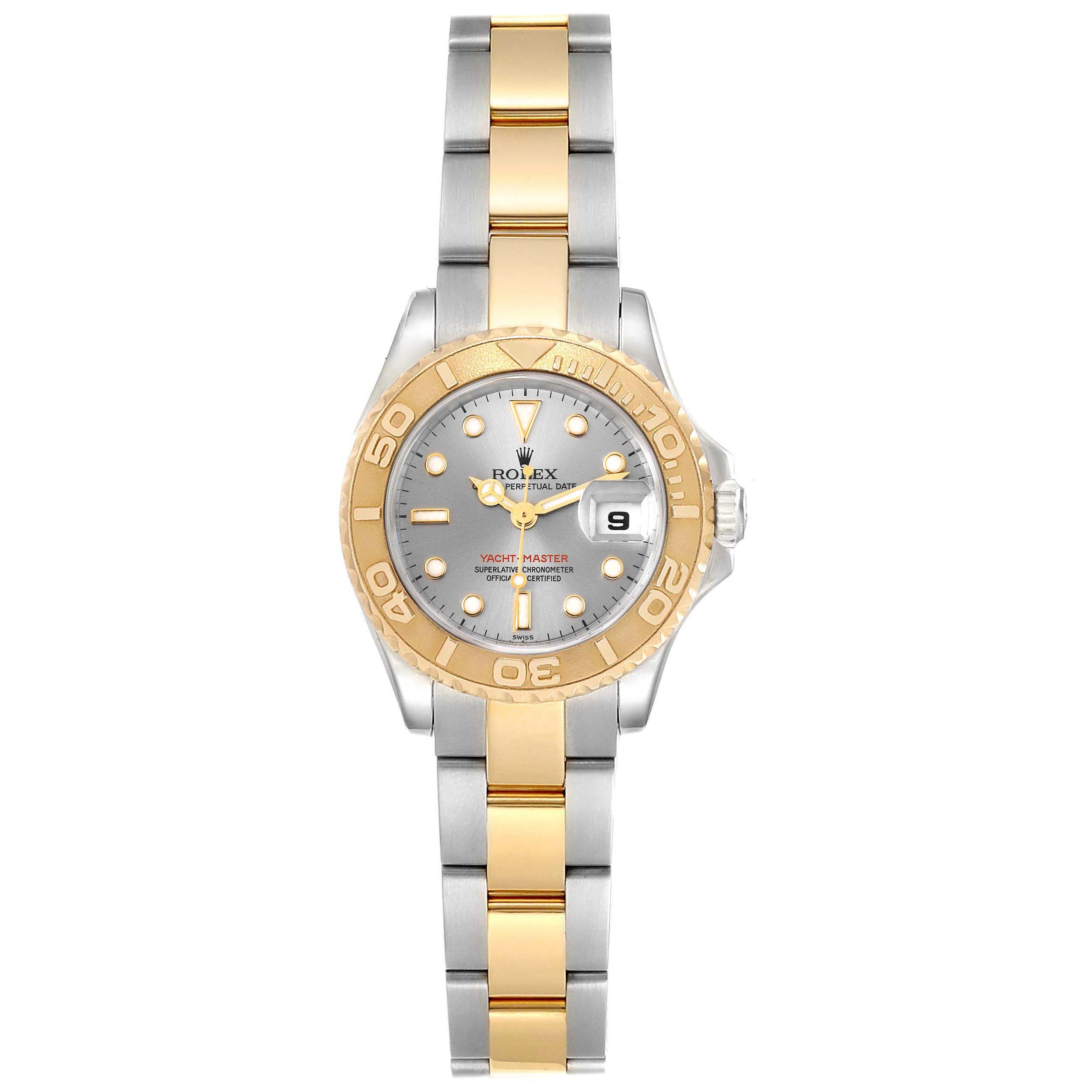 This image shows a Rolex Yacht-Master 169623 Women's Steel and Gold (two tone) Grey Dial 169623 Women's Steel and Gold (two tone) Grey Dial watch from a front view, displaying the dial, bezel, and two-tone bracelet.
