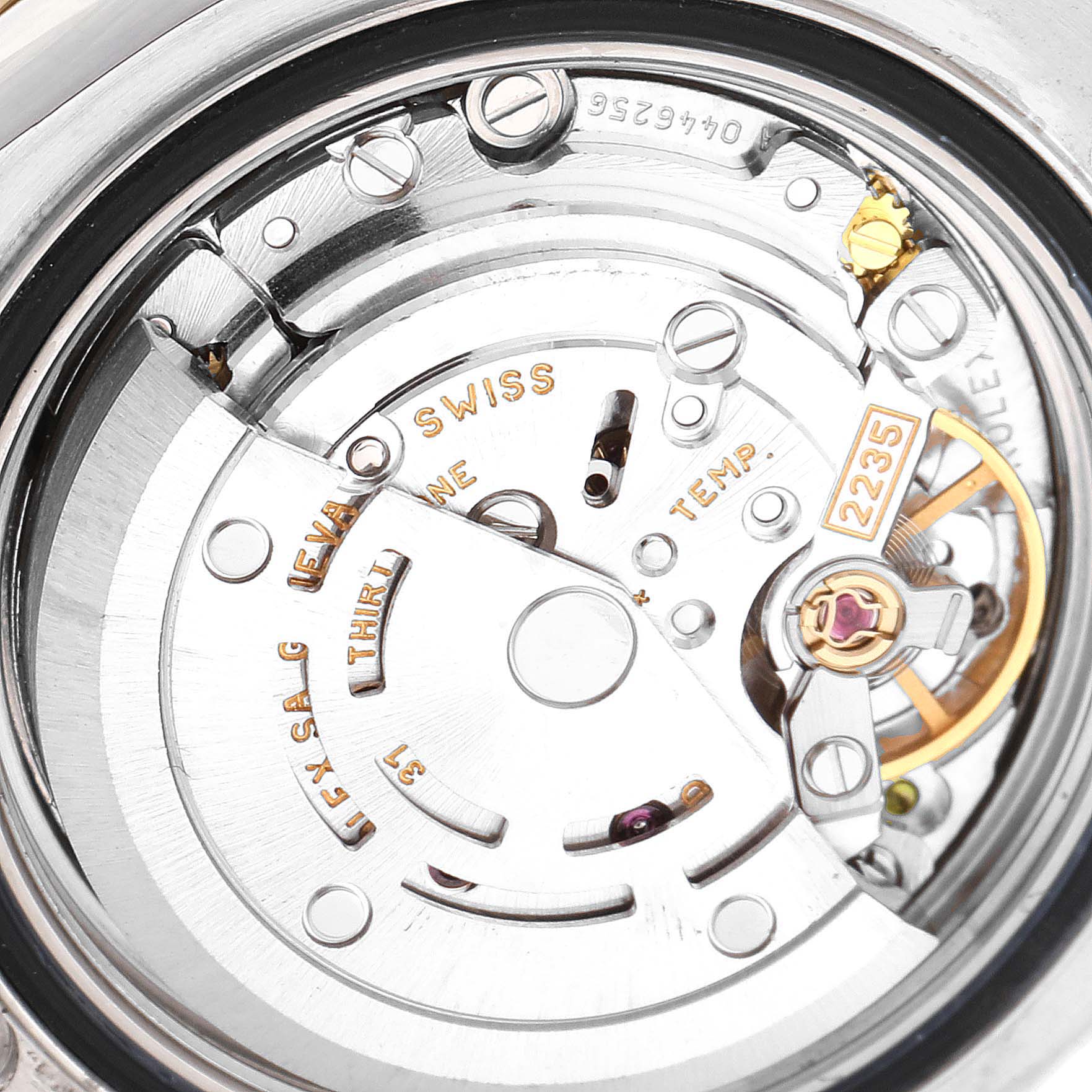 This image shows a close-up view of the internal movement mechanism of a Rolex Yacht-Master 169623 Women's Steel and Gold (two tone) Grey Dial 169623 Women's Steel and Gold (two tone) Grey Dial watch.