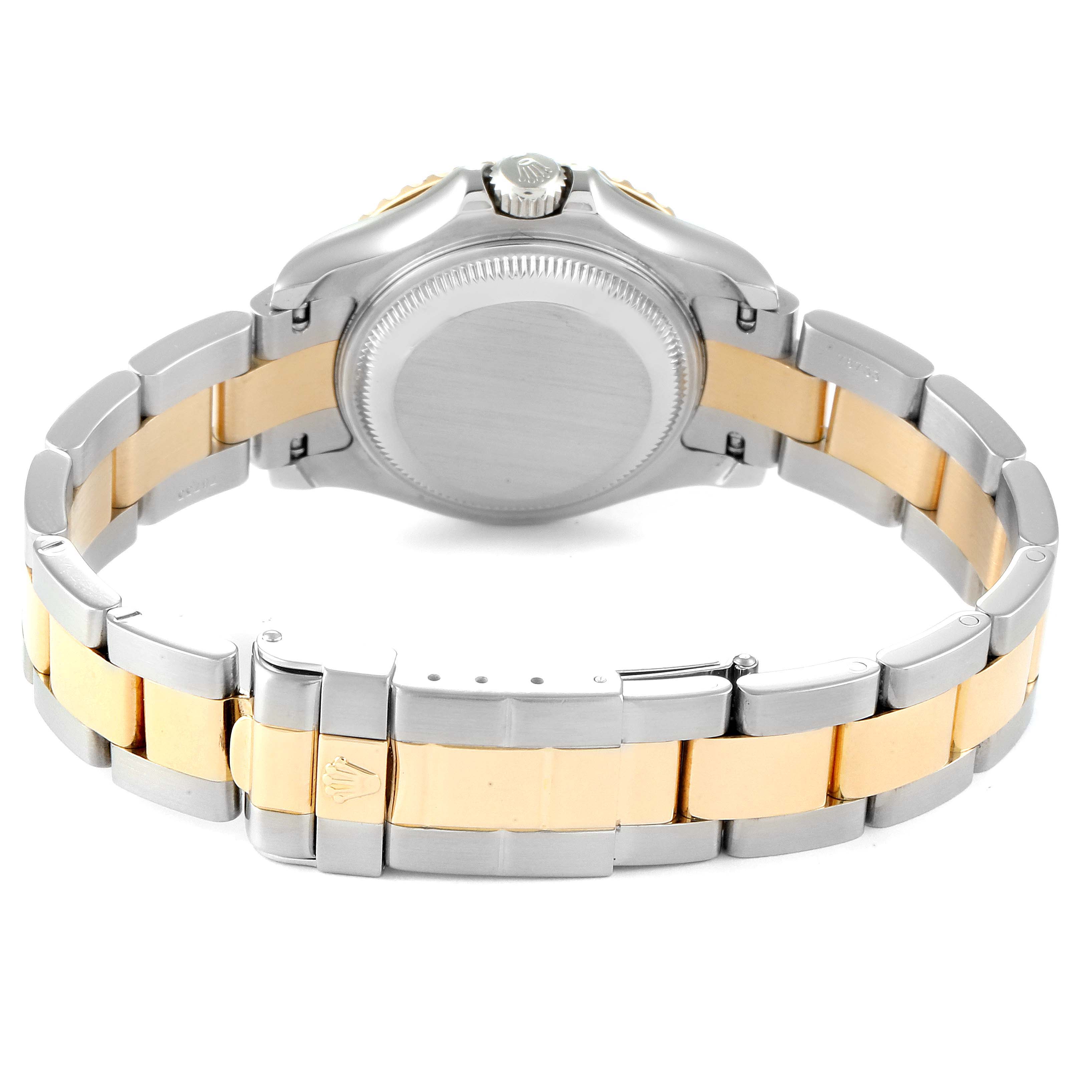 The image shows the back view of a Rolex Yacht-Master 169623 Women's Steel and Gold (two tone) Grey Dial 169623 Women's Steel and Gold (two tone) Grey Dial watch, highlighting its two-tone bracelet and clasp.