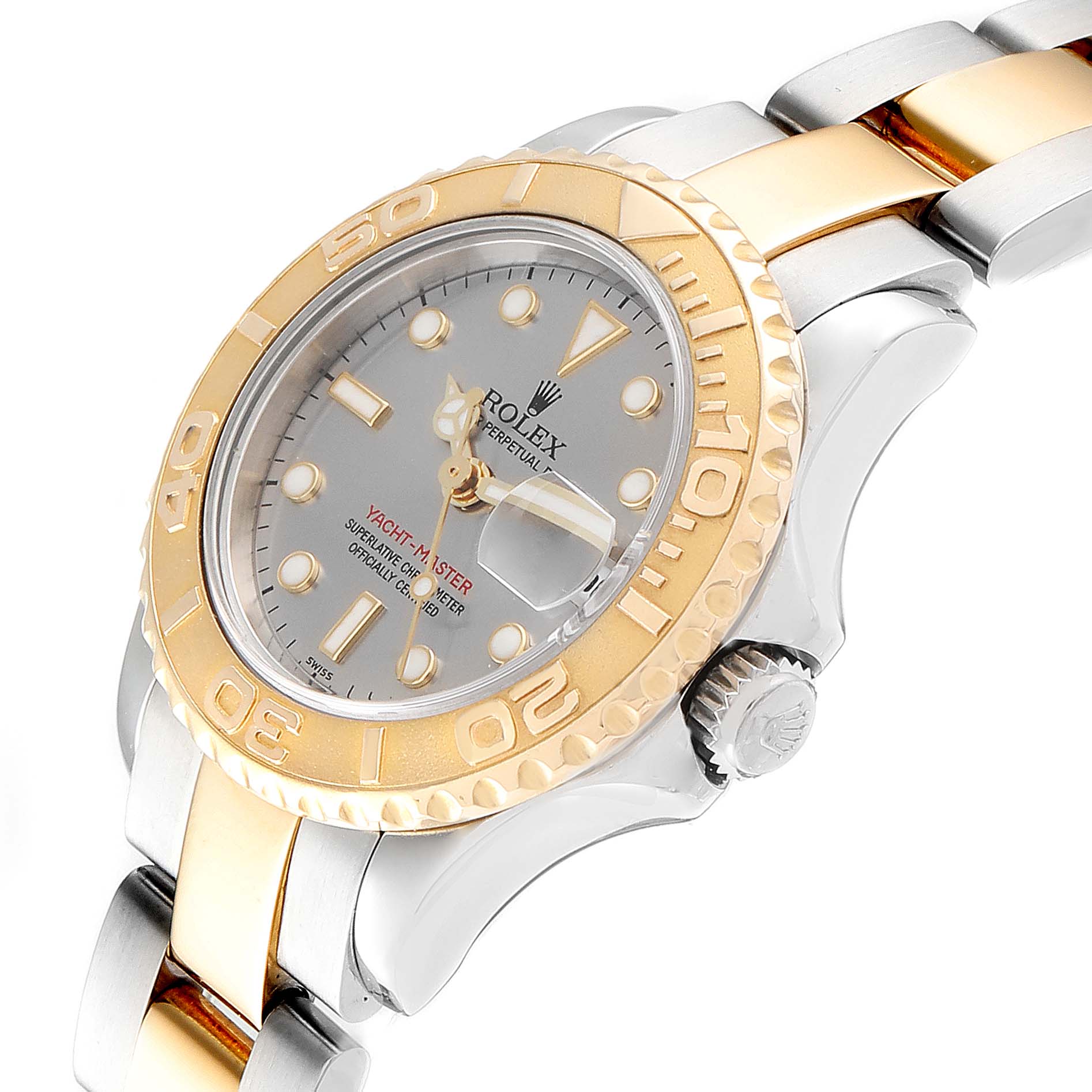 The image shows a close-up, angled view of a Rolex Yacht-Master 169623 Women's Steel and Gold (two tone) Grey Dial 169623 Women's Steel and Gold (two tone) Grey Dial watch featuring its dial, bezel, crown, and bracelet.