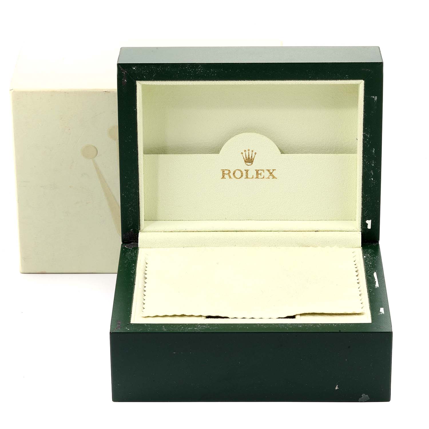 The image shows an empty Rolex box for the Yacht-Master model, with an open lid and inner cushion.