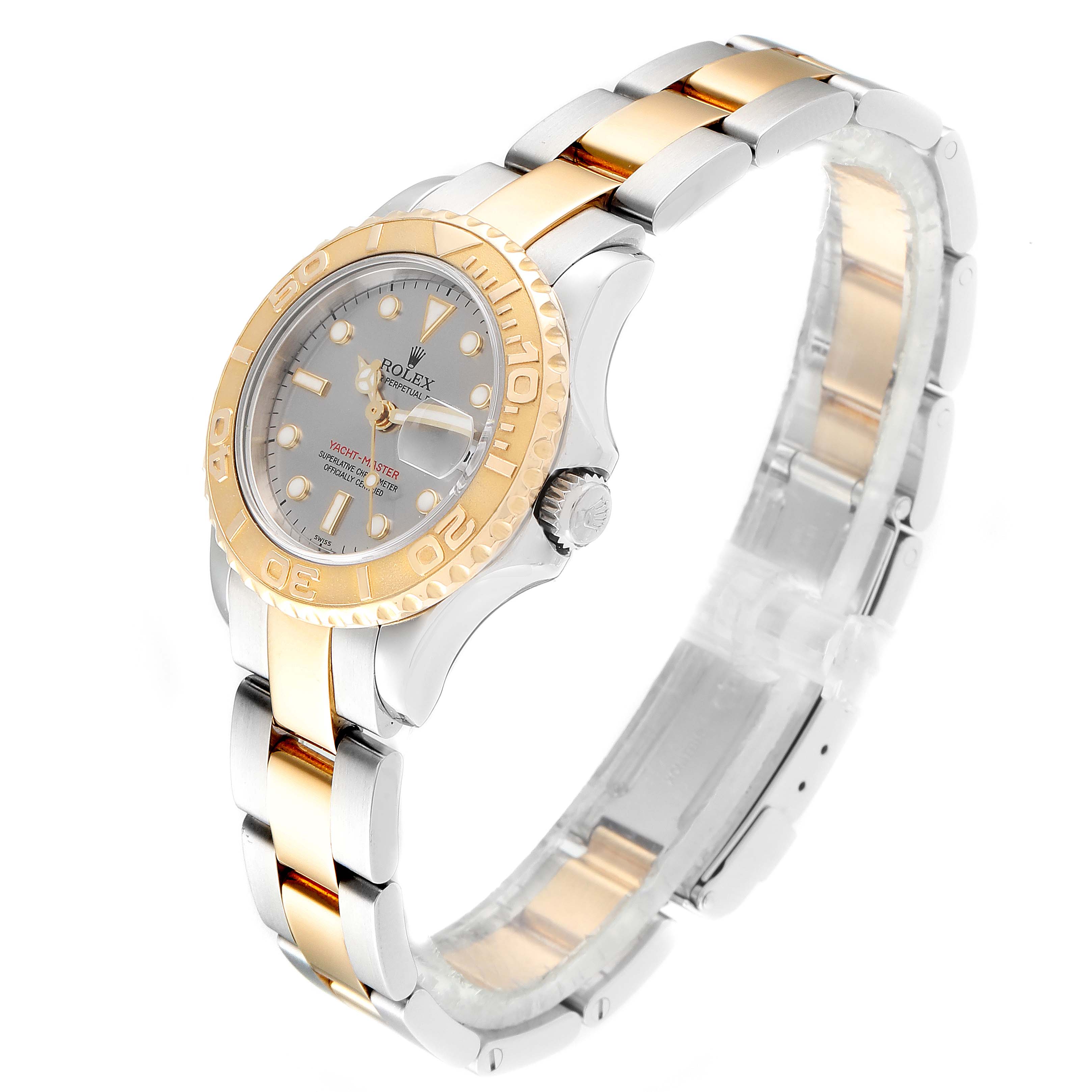 The image shows a Rolex Yacht-Master 169623 Women's Steel and Gold (two tone) Grey Dial 169623 Women's Steel and Gold (two tone) Grey Dial watch at an angle highlighting its face, bezel, crown, and part of the bracelet.