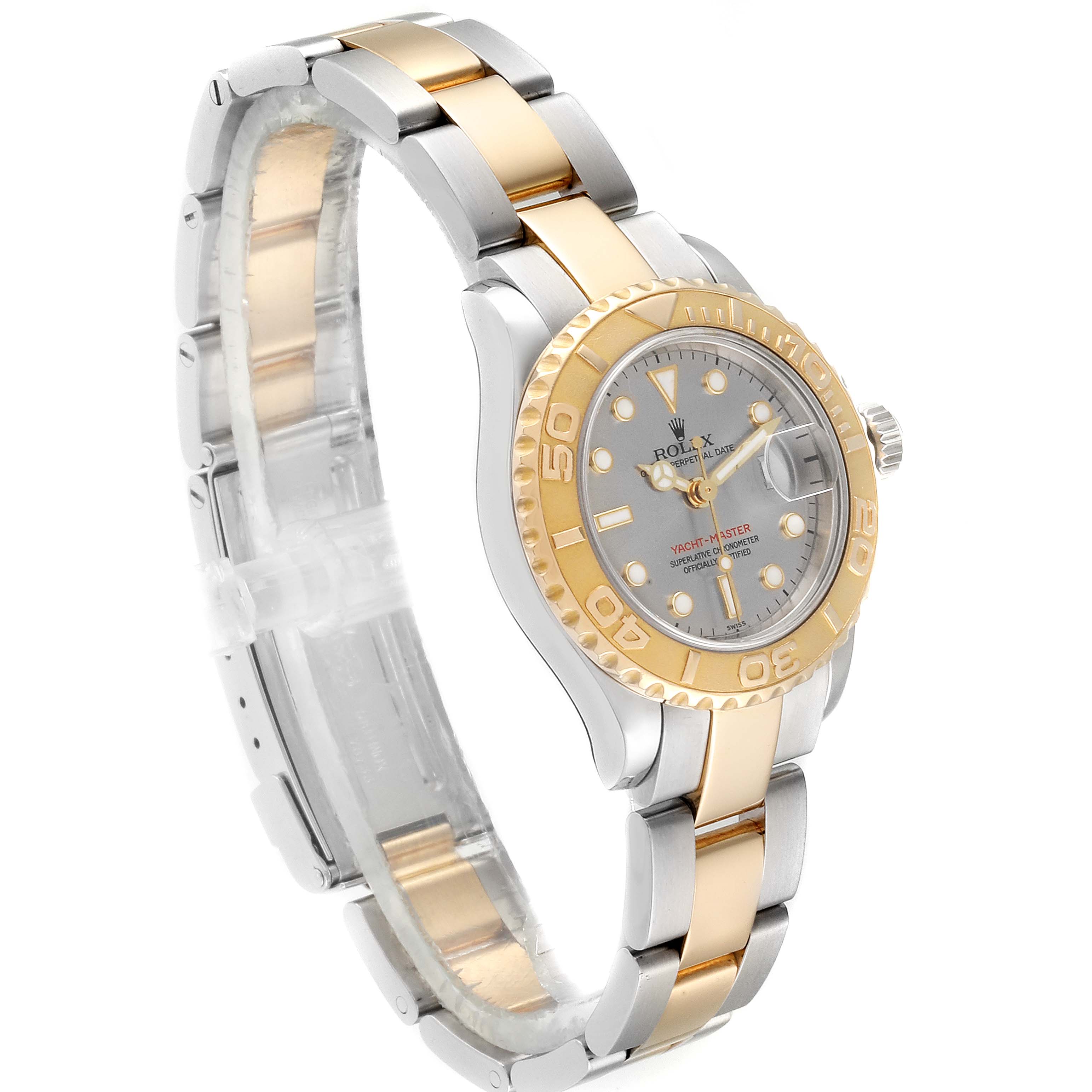 The Rolex Yacht-Master 169623 Women's Steel and Gold (two tone) Grey Dial 169623 Women's Steel and Gold (two tone) Grey Dial watch is displayed at an angle showing the full bracelet, dial, and bezel.
