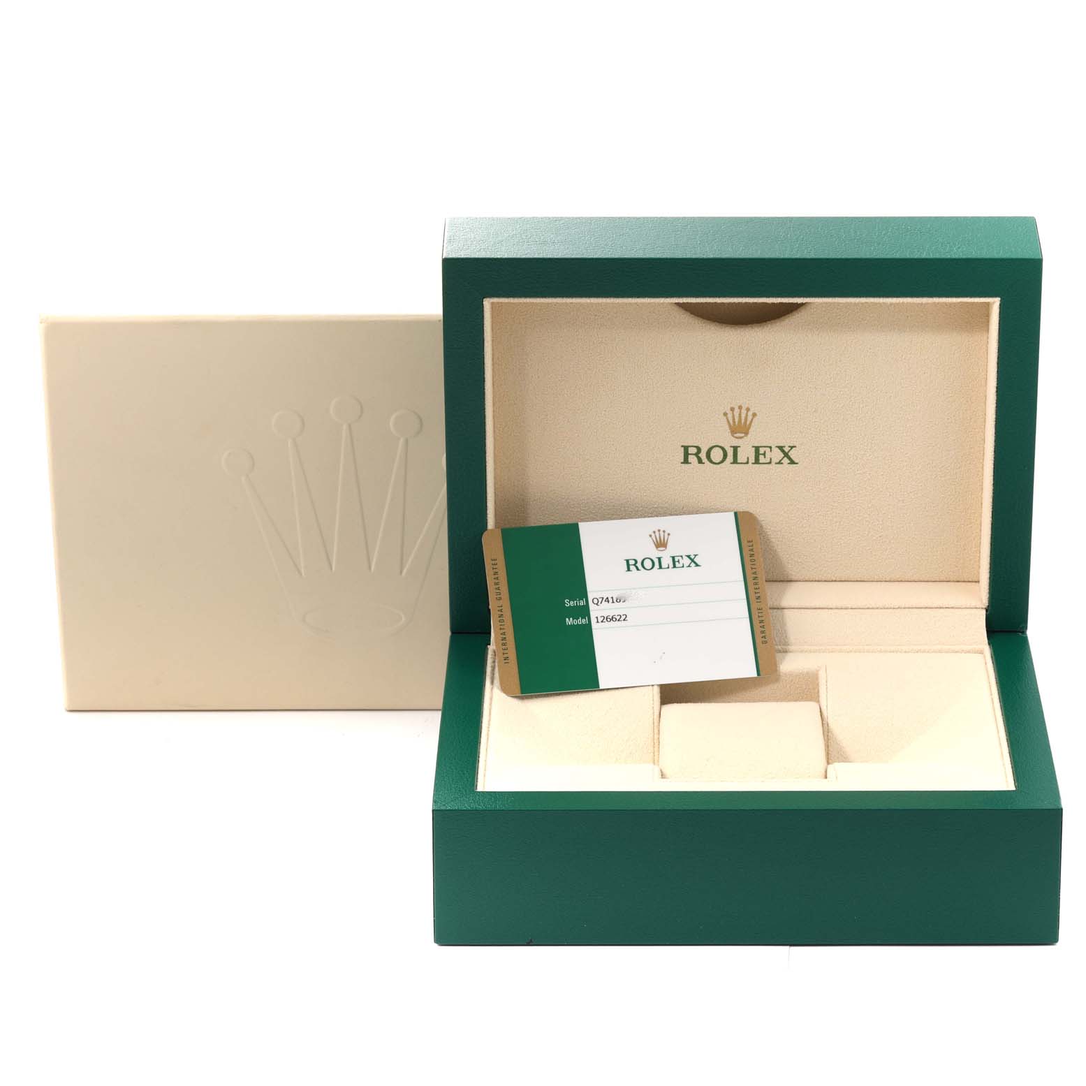 The image displays the opened official box and authenticity card for the Rolex Yacht-Master 126622 Men's Stainless Steel Grey Dial 126622 Men's Stainless Steel Grey Dial watch.