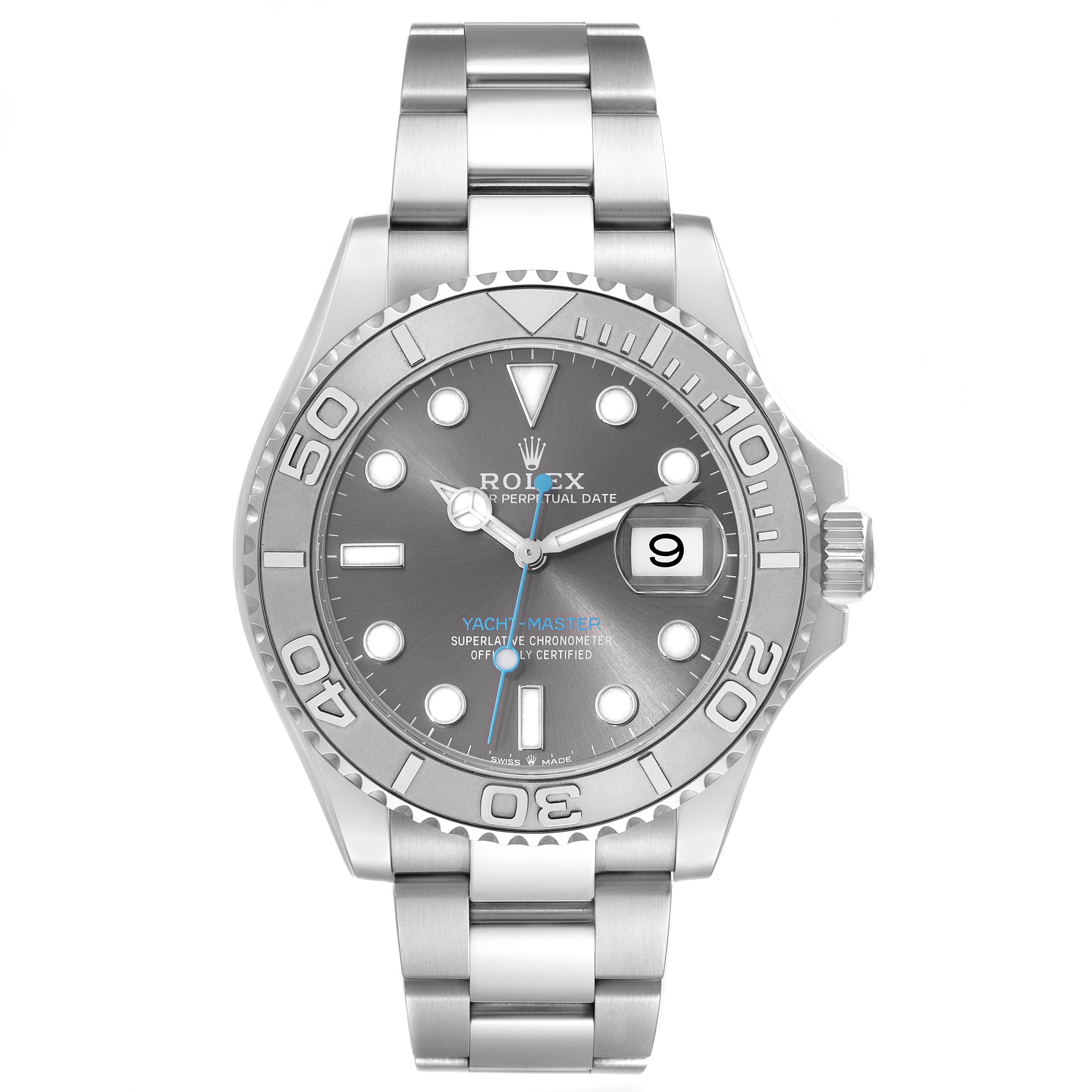 The image shows a frontal view of the Rolex Yacht-Master 126622 Men's Stainless Steel Grey Dial 126622 Men's Stainless Steel Grey Dial watch, highlighting its dial, bezel, and bracelet.