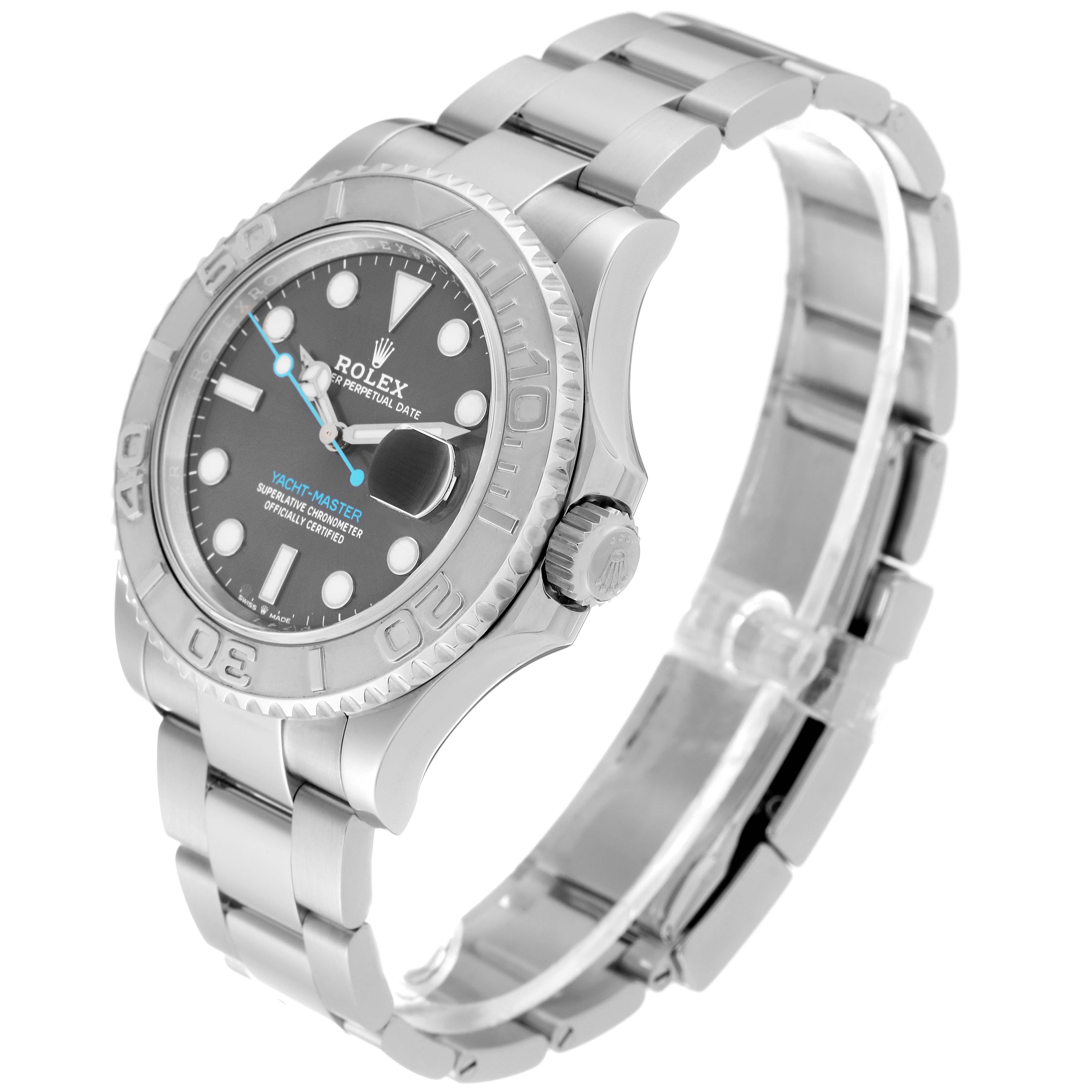 This image shows a Rolex Yacht-Master 126622 Men's Stainless Steel Grey Dial 126622 Men's Stainless Steel Grey Dial watch angled to display the face, bezel, crown, and stainless steel bracelet.