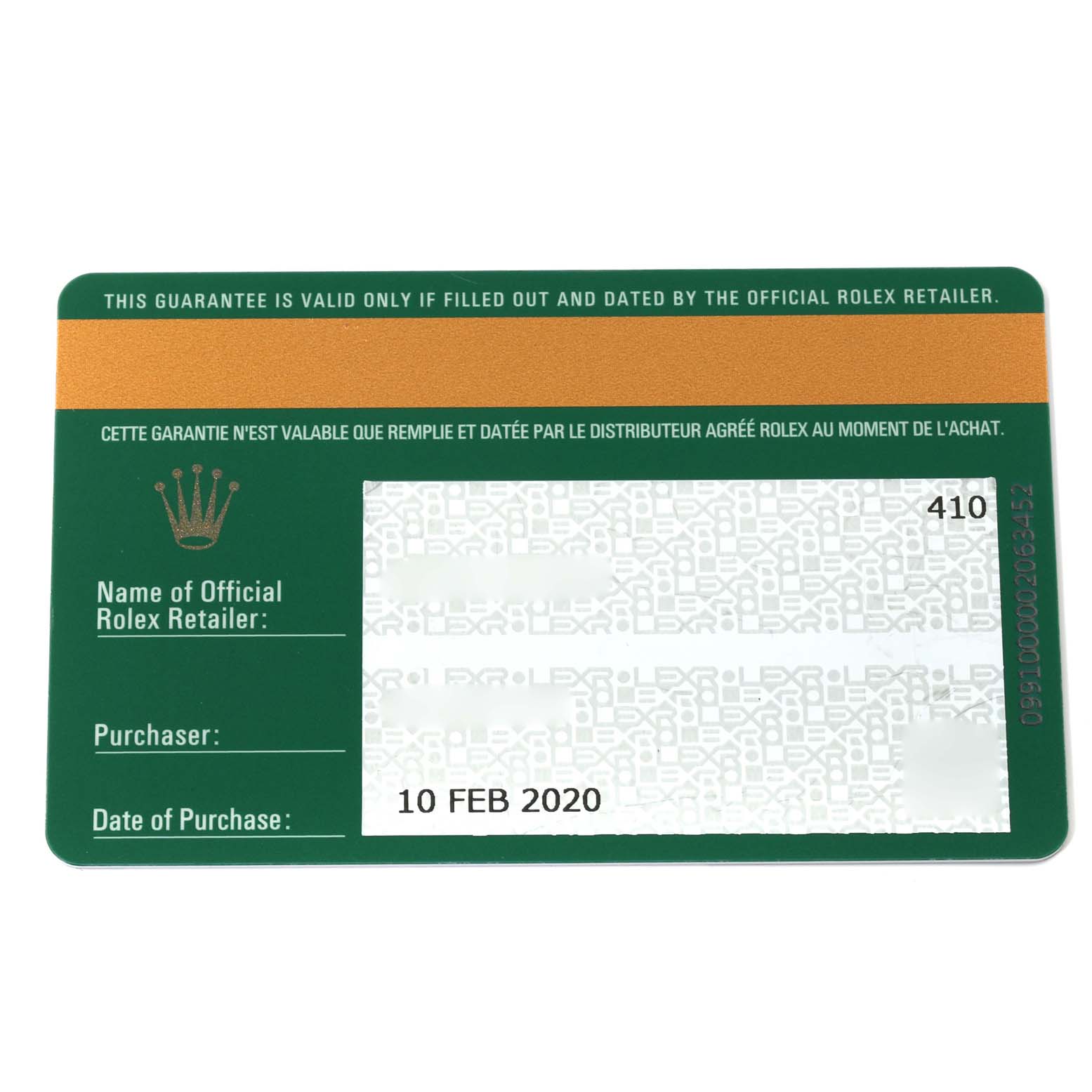 This image displays a warranty card for the Yacht-Master model by Rolex, showing purchase details and retailer information.