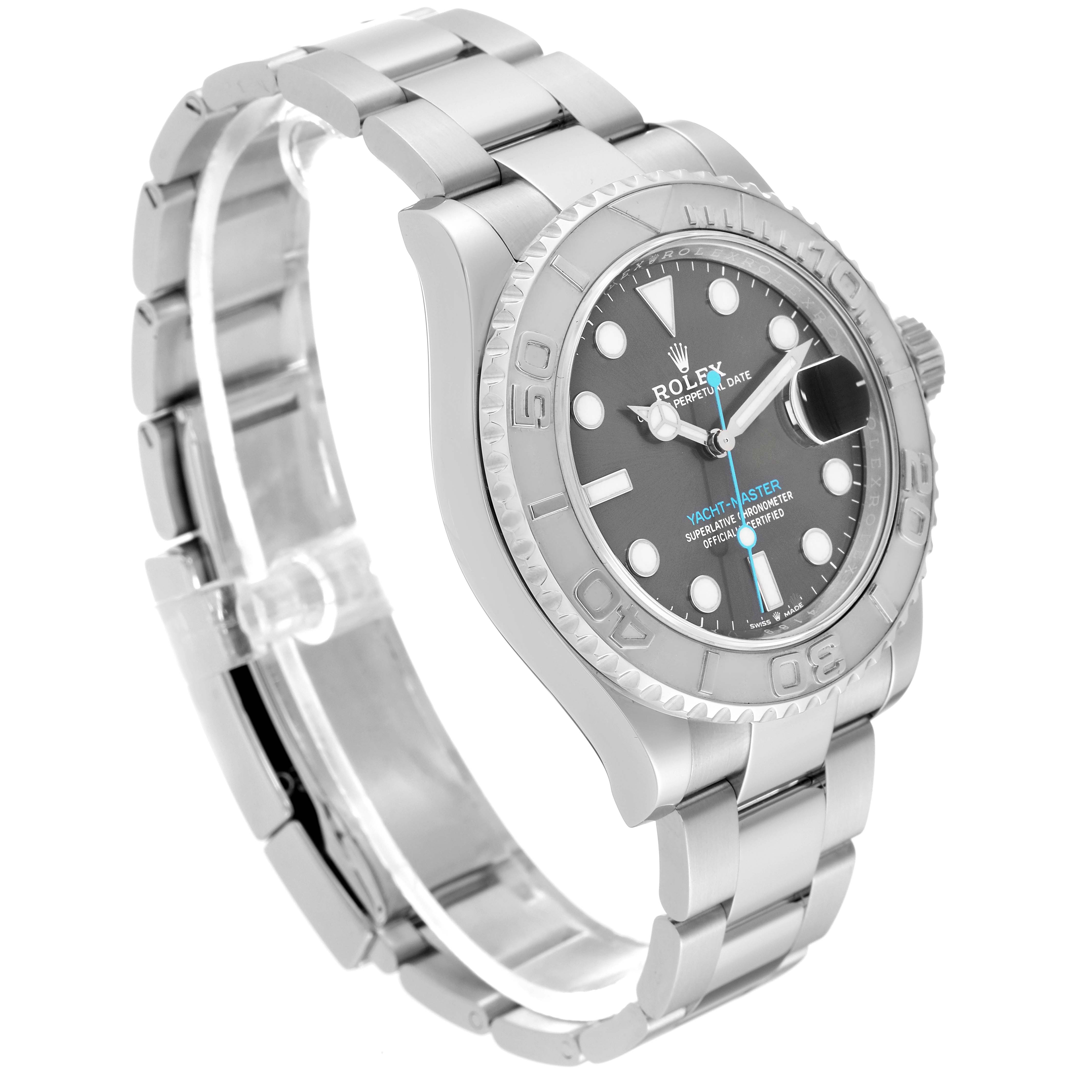 The Rolex Yacht-Master 126622 Men's Stainless Steel Grey Dial 126622 Men's Stainless Steel Grey Dial watch is shown at an angled side view, highlighting the dial, bezel, case, and bracelet.