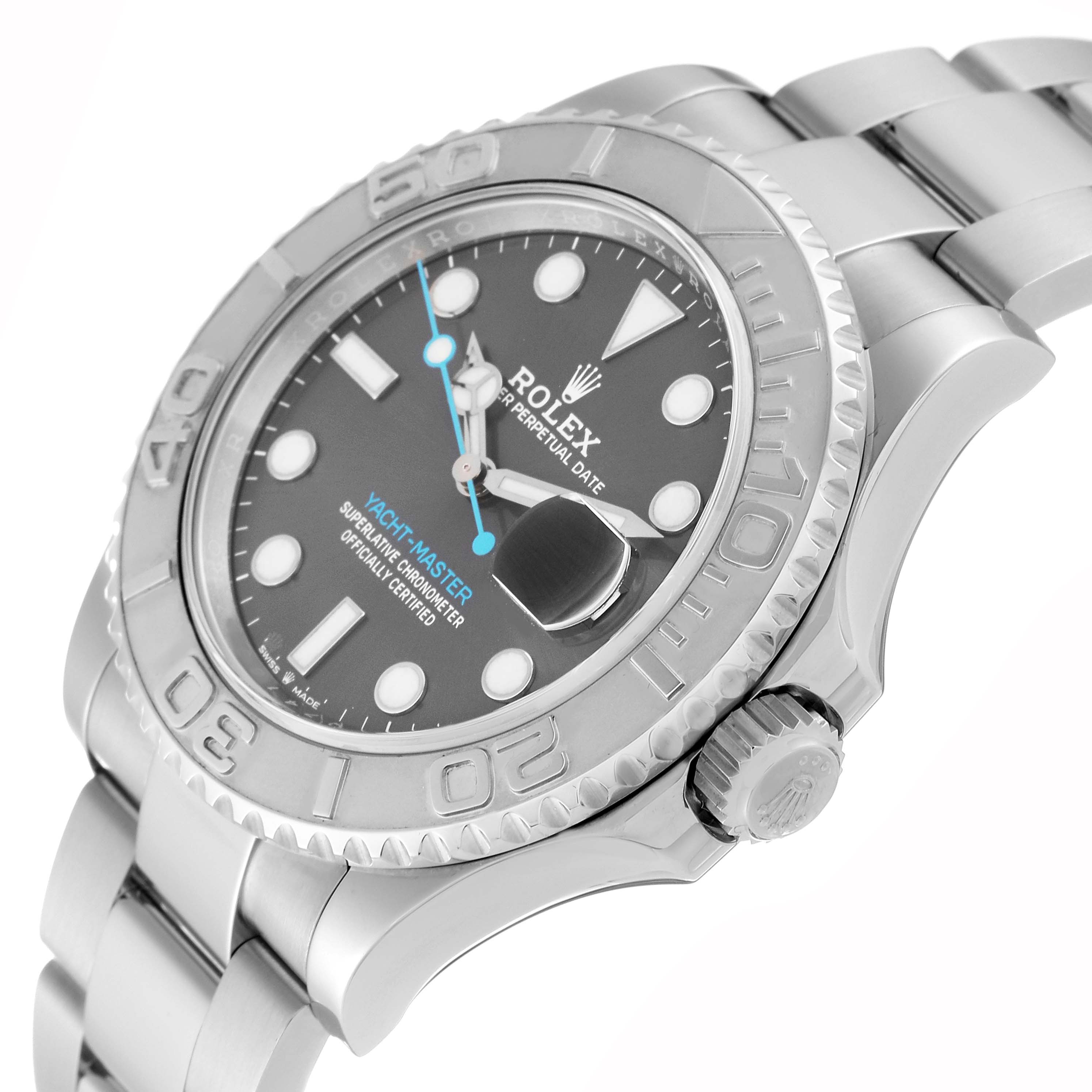 This image shows a close-up angle of the Rolex Yacht-Master 126622 Men's Stainless Steel Grey Dial 126622 Men's Stainless Steel Grey Dial watch, highlighting the dial, bezel, and part of the bracelet.