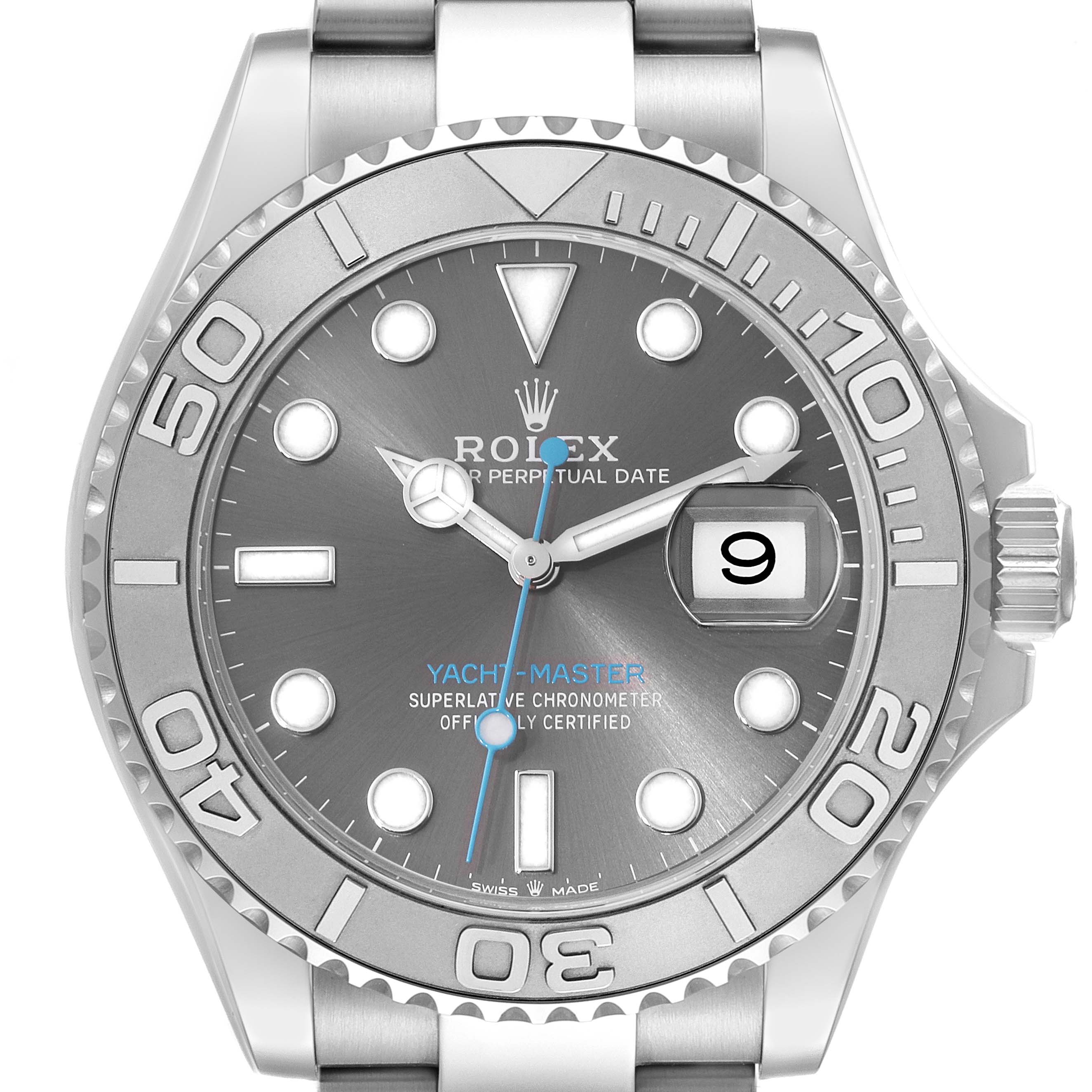 The image shows a front view of the Rolex Yacht-Master 126622 Men's Stainless Steel Grey Dial 126622 Men's Stainless Steel Grey Dial watch, displaying the dial, bezel, and part of the bracelet.
