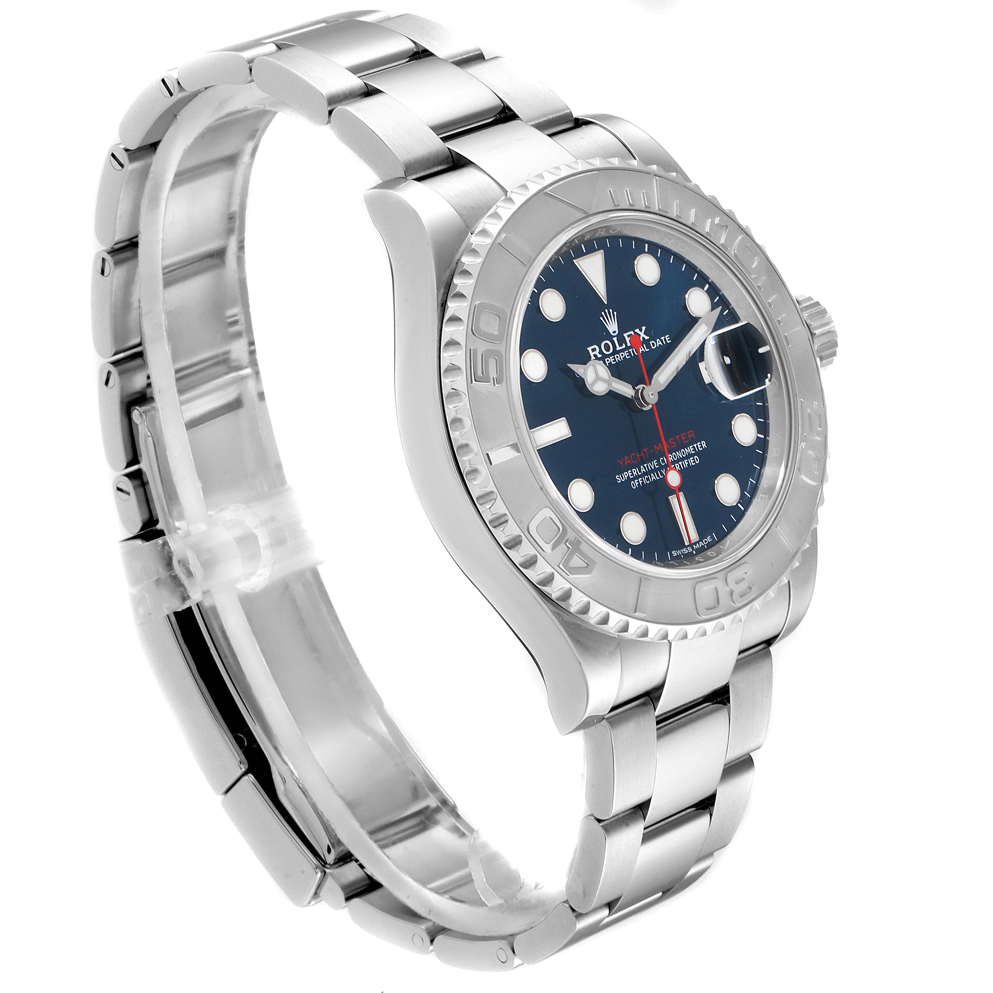 This image shows a Rolex Yacht-Master 116622 Men
s Stainless Steel Blue Dial 116622 Men
s Stainless Steel Blue Dial watch from a left side angle, highlighting its dial, bezel, and bracelet.