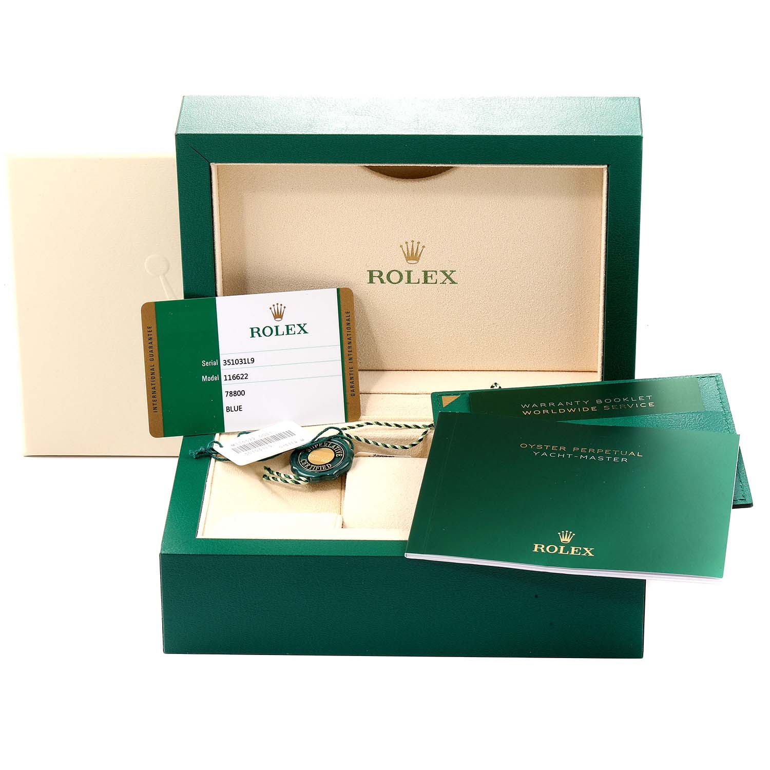 The image shows a Rolex Yacht-Master 116622 Men
s Stainless Steel Blue Dial 116622 Men
s Stainless Steel Blue Dial watch
s box, warranty card, booklets, and tag from a front angle.