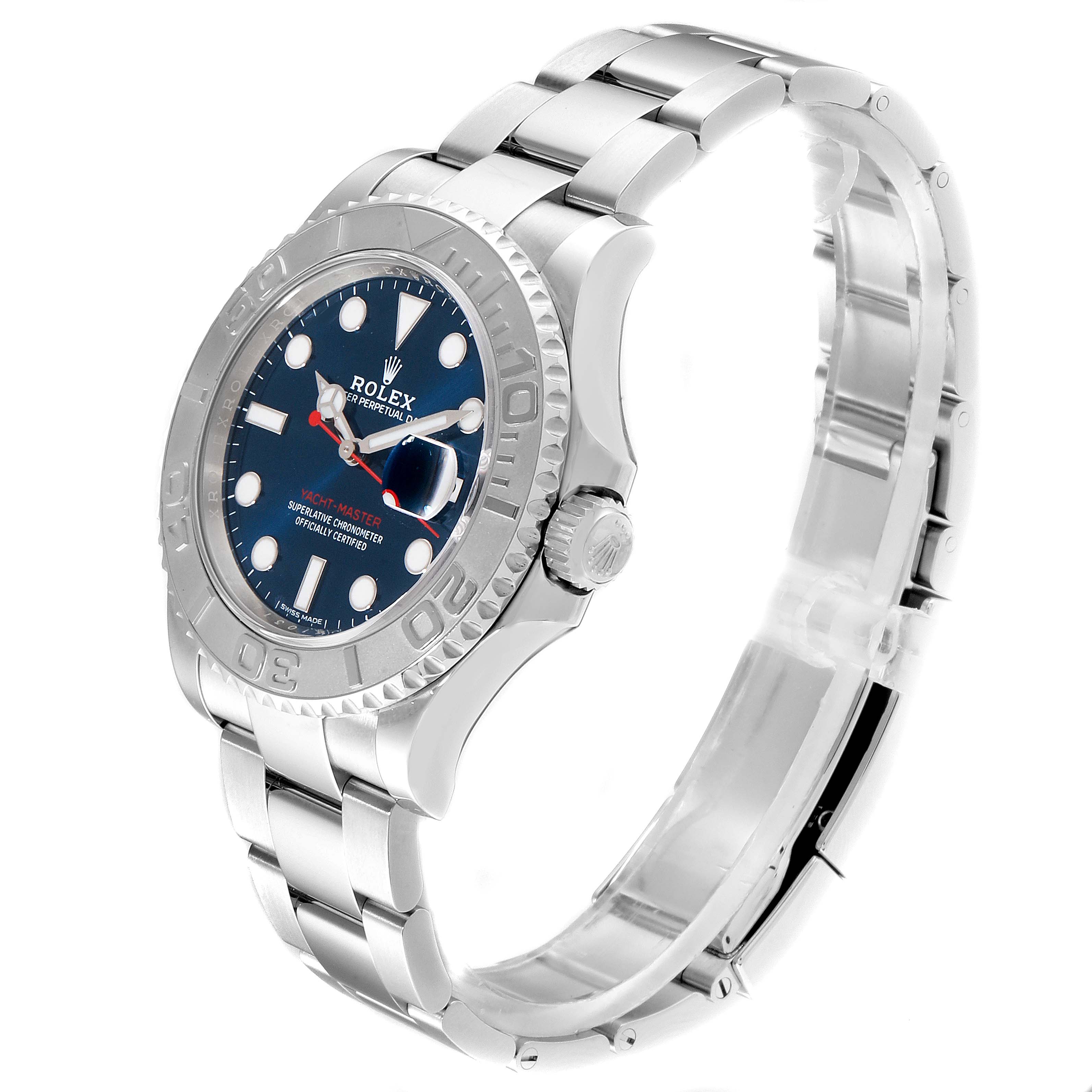 The Rolex Yacht-Master 116622 Men
s Stainless Steel Blue Dial 116622 Men
s Stainless Steel Blue Dial watch is shown at a slight angle, displaying the face, bezel, crown, and part of the bracelet.