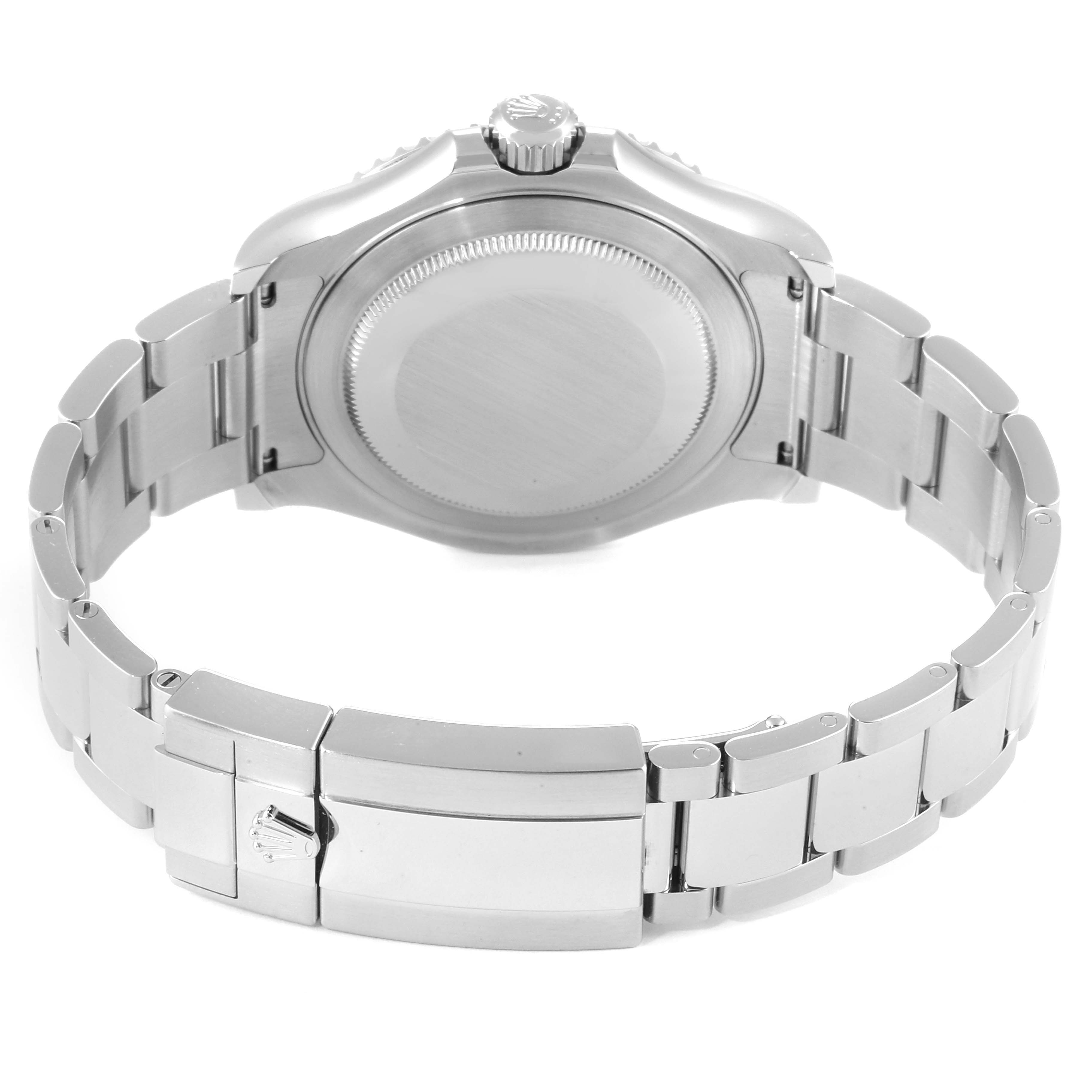 The image shows the back view of the Rolex Yacht-Master 116622 Men
s Stainless Steel Blue Dial 116622 Men
s Stainless Steel Blue Dial watch, highlighting its closed case back and stainless steel bracelet.