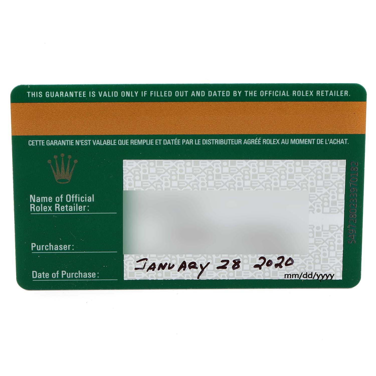 This image shows the warranty card for the Rolex Yacht-Master 116622 Men
s Stainless Steel Blue Dial 116622 Men
s Stainless Steel Blue Dial watch, with purchase details written in January 2020.