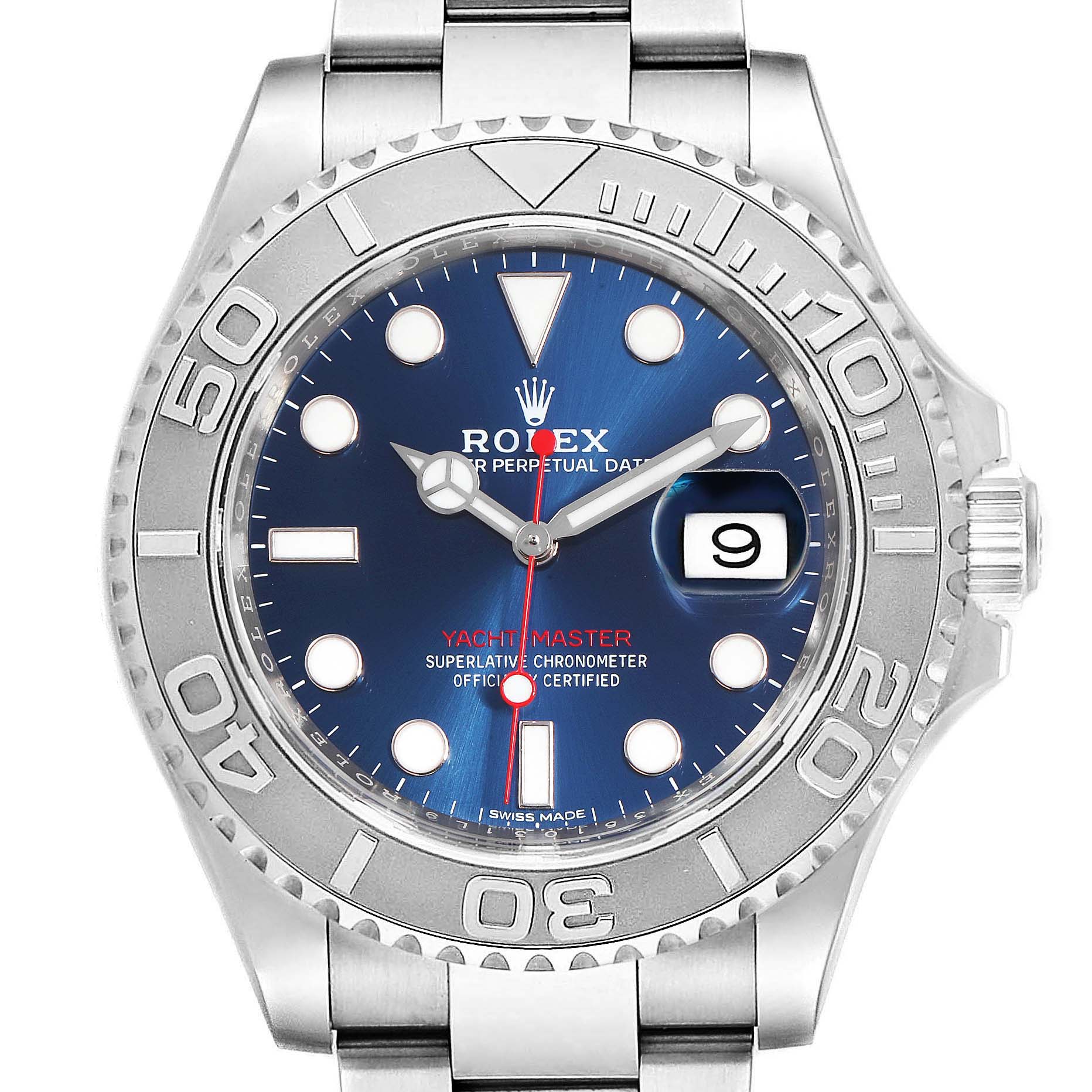 The image shows a front view of a Rolex Yacht-Master 116622 Men
s Stainless Steel Blue Dial 116622 Men
s Stainless Steel Blue Dial watch, displaying the bezel, dial, hands, and date window.