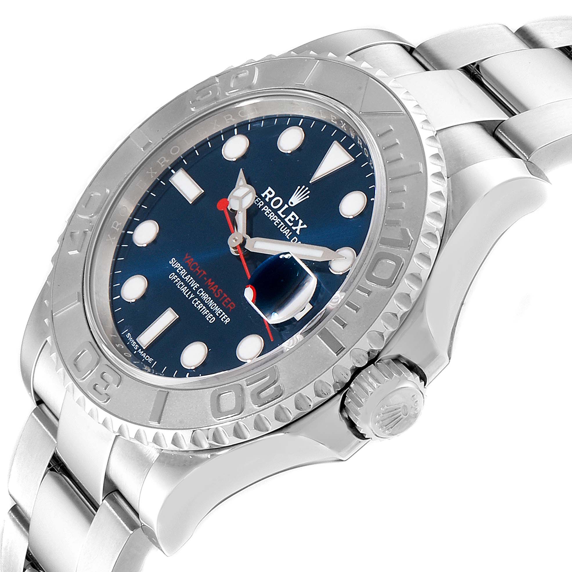 This image shows a side angle of a Rolex Yacht-Master 116622 Men
s Stainless Steel Blue Dial 116622 Men
s Stainless Steel Blue Dial watch, highlighting the bezel, crown, and part of the blue dial and bracelet.