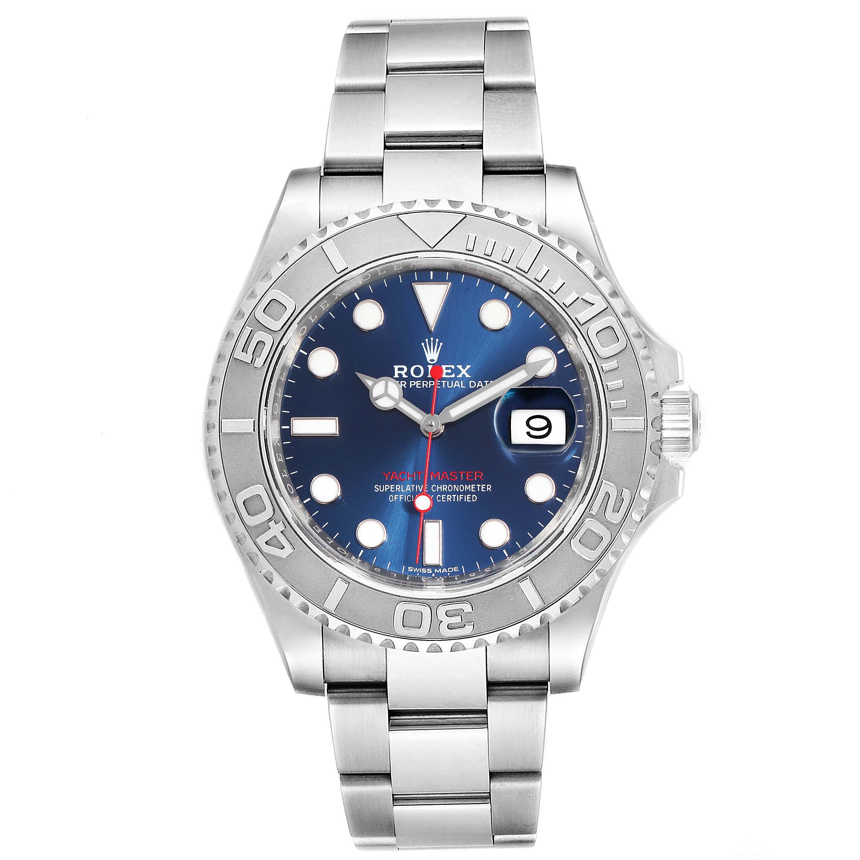 The image shows a frontal view of a Rolex Yacht-Master 116622 Men
s Stainless Steel Blue Dial 116622 Men
s Stainless Steel Blue Dial watch, highlighting its blue dial, bezel, and bracelet.