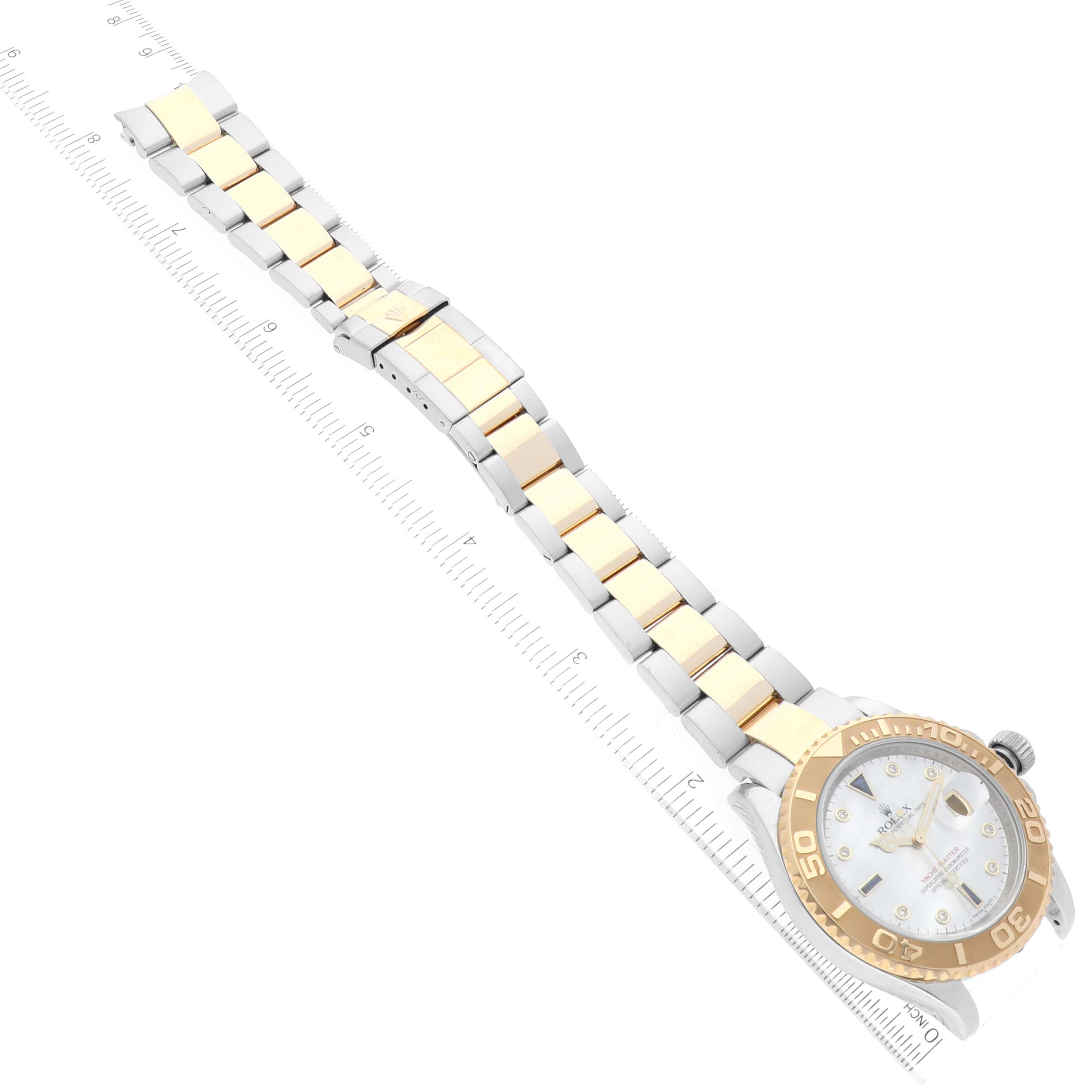 This image shows an overhead view of a Rolex Yacht-Master 16623 Men's Steel and Gold (two tone) Mother of Pearl Dial 16623 Men's Steel and Gold (two tone) Mother of Pearl Dial watch, featuring the face, bezel, and the full linked bracelet.