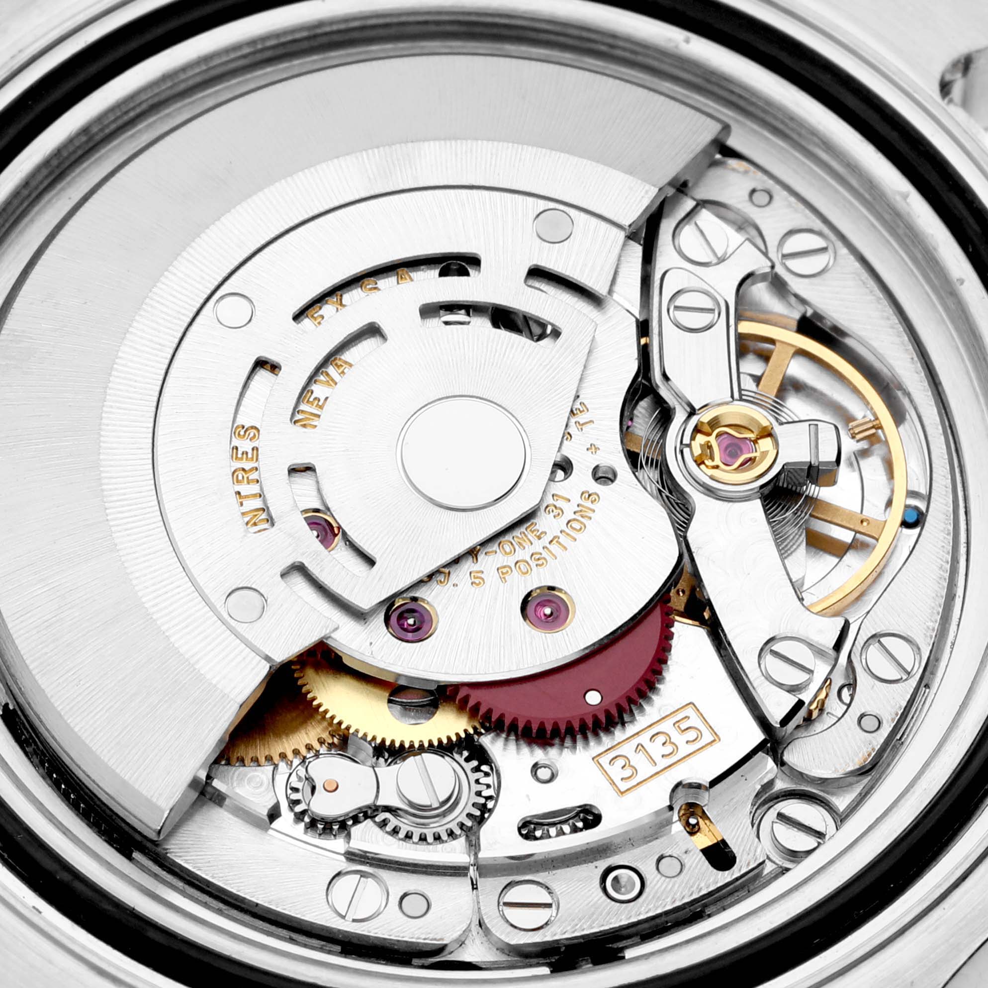This image shows a close-up view of the internal mechanical components of the Rolex Yacht-Master 16623 Men's Steel and Gold (two tone) Mother of Pearl Dial 16623 Men's Steel and Gold (two tone) Mother of Pearl Dial watch.