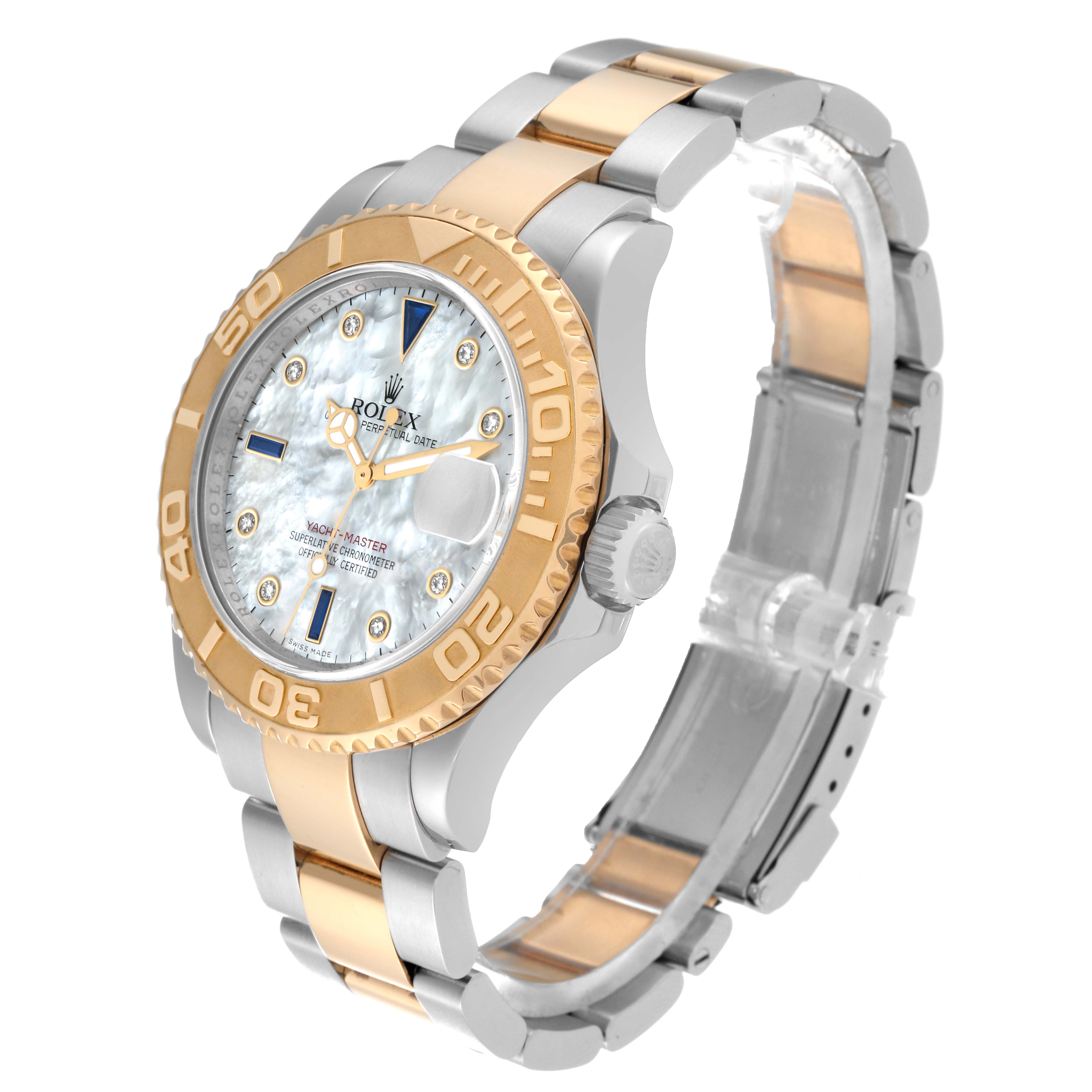 This image shows a side angle of a Rolex Yacht-Master 16623 Men's Steel and Gold (two tone) Mother of Pearl Dial 16623 Men's Steel and Gold (two tone) Mother of Pearl Dial watch, highlighting its bezel, dial, and two-tone bracelet.