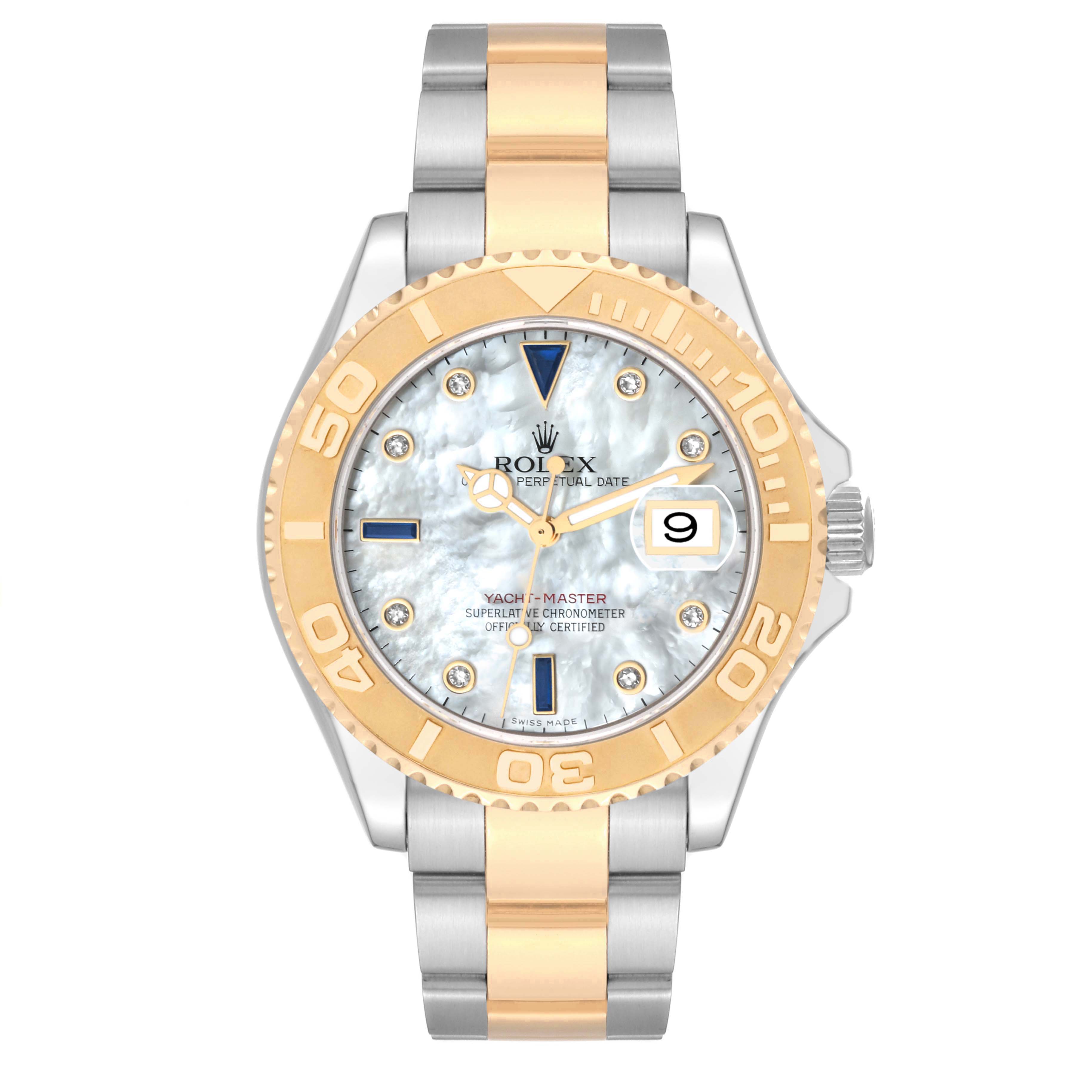 This image shows a front view of a Rolex Yacht-Master 16623 Men's Steel and Gold (two tone) Mother of Pearl Dial 16623 Men's Steel and Gold (two tone) Mother of Pearl Dial watch, highlighting its dial, bezel, and bracelet.