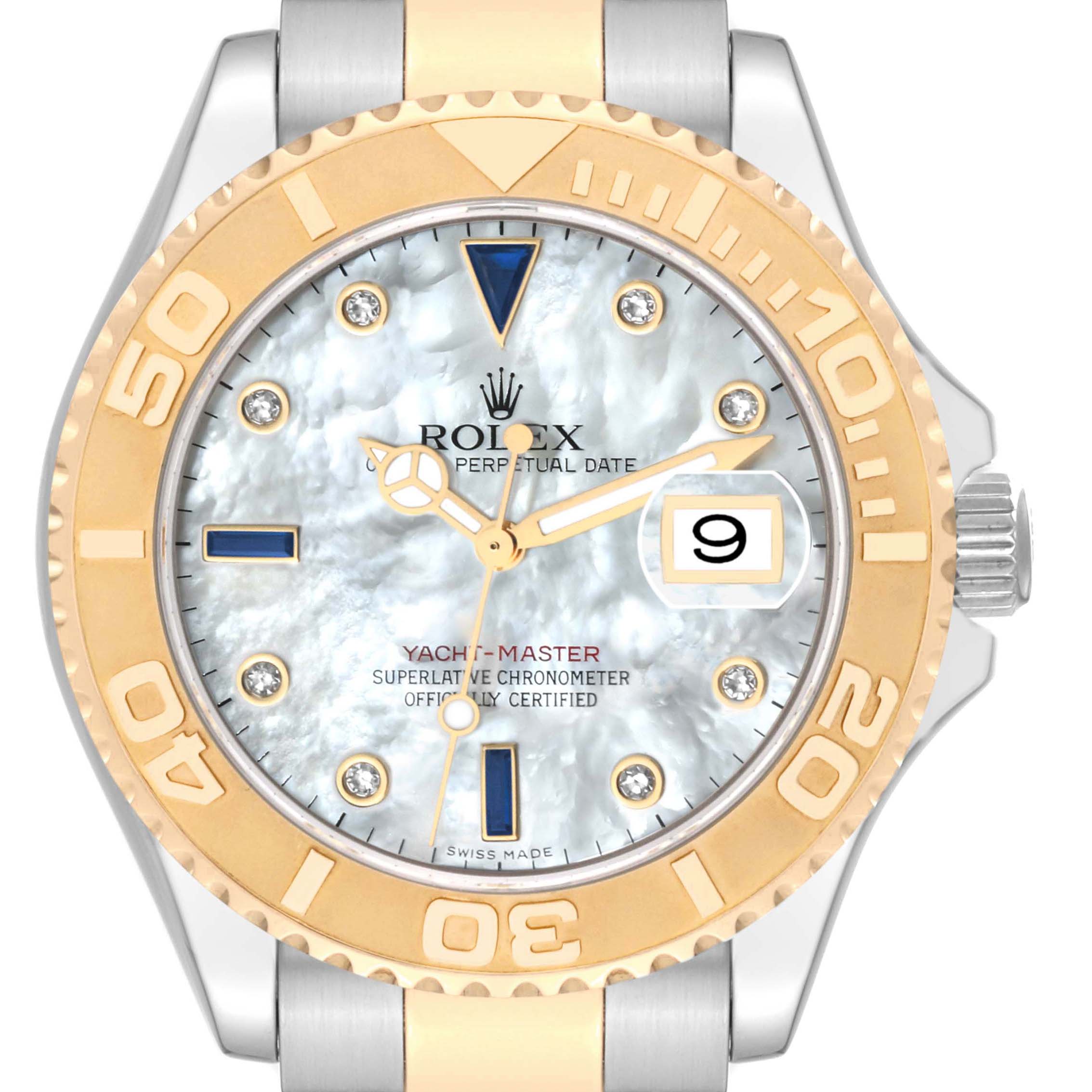 This Rolex Yacht-Master 16623 Men's Steel and Gold (two tone) Mother of Pearl Dial 16623 Men's Steel and Gold (two tone) Mother of Pearl Dial watch is shown from the front, highlighting the dial, bezel, hands, and date window.