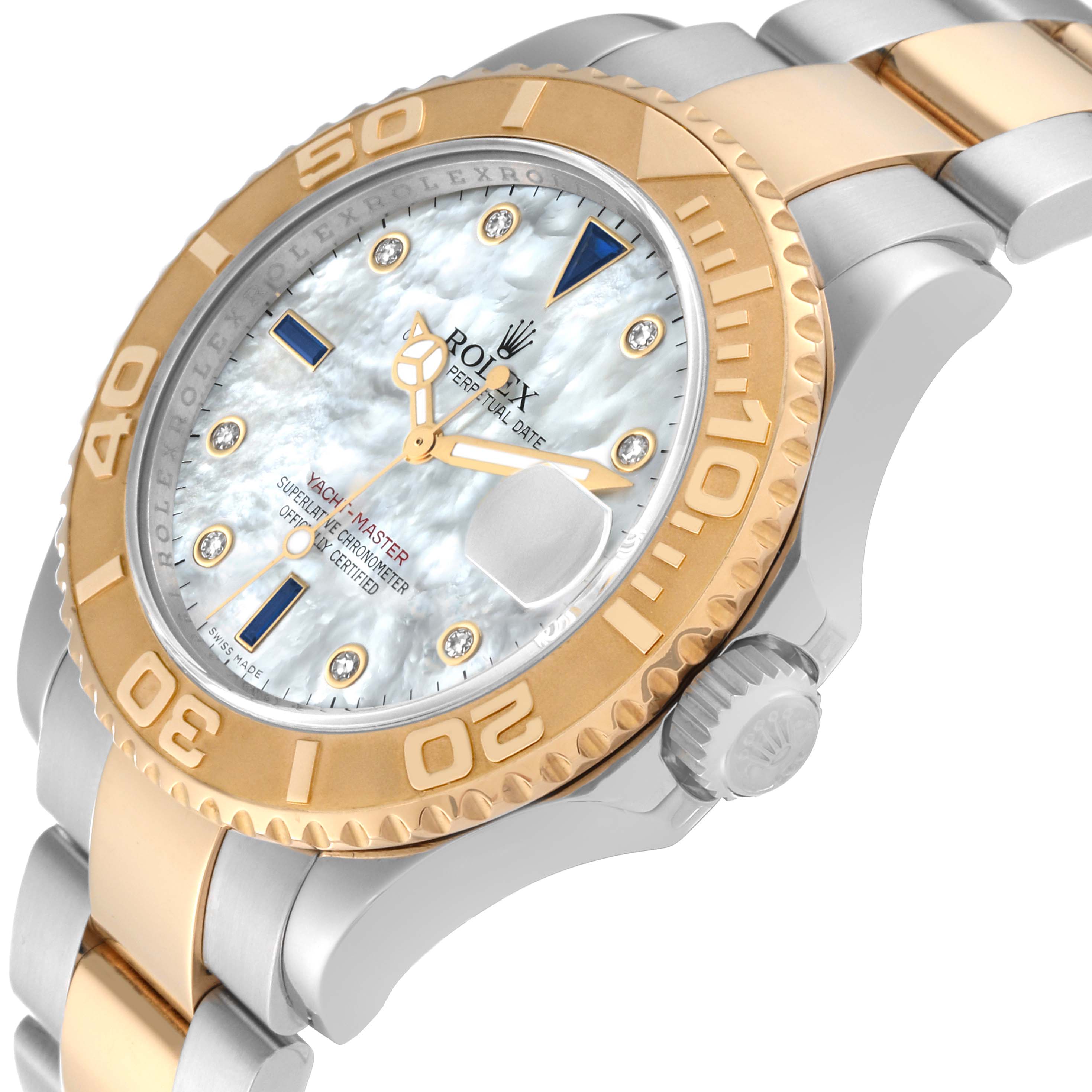 This image shows a close-up of the Rolex Yacht-Master 16623 Men's Steel and Gold (two tone) Mother of Pearl Dial 16623 Men's Steel and Gold (two tone) Mother of Pearl Dial watch, highlighting its bezel, dial, and bracelet from an angled view.